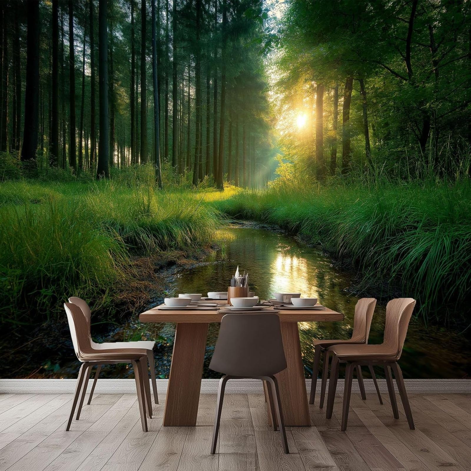 hgjdjhnf Photo Wallpaper Natural Landscape Trees Stream Wall Mural Modern wall Bedroom Living Room Wall Wallpaper, Green, 300cm x 210cm