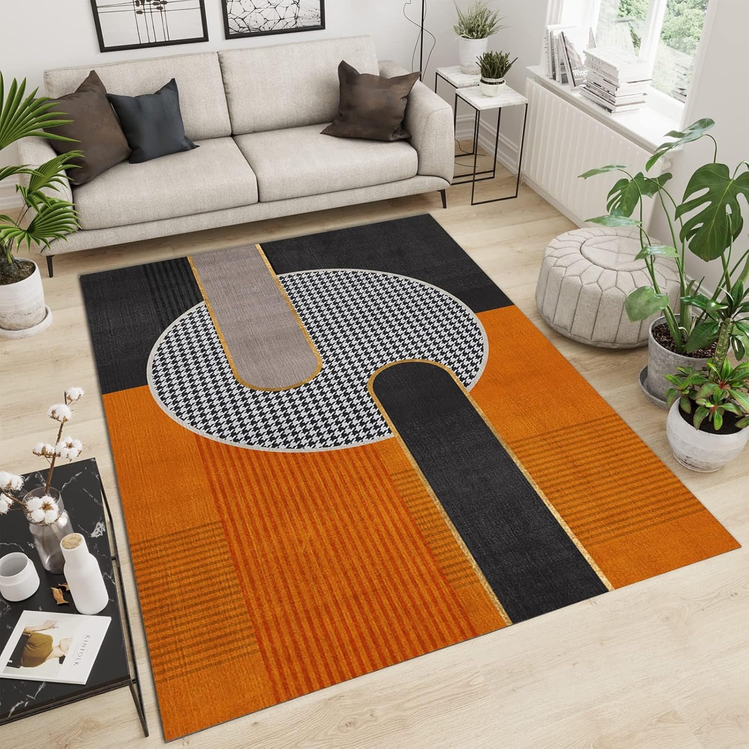 Medieval Minimalist Geometric Colors Area Rug, Luxury Elegant Black Orange Intersection Art Living Room Rugs, Machine Washable Breathable Durable Carpet for Front Entrance Floor Decor,2 x 3ft