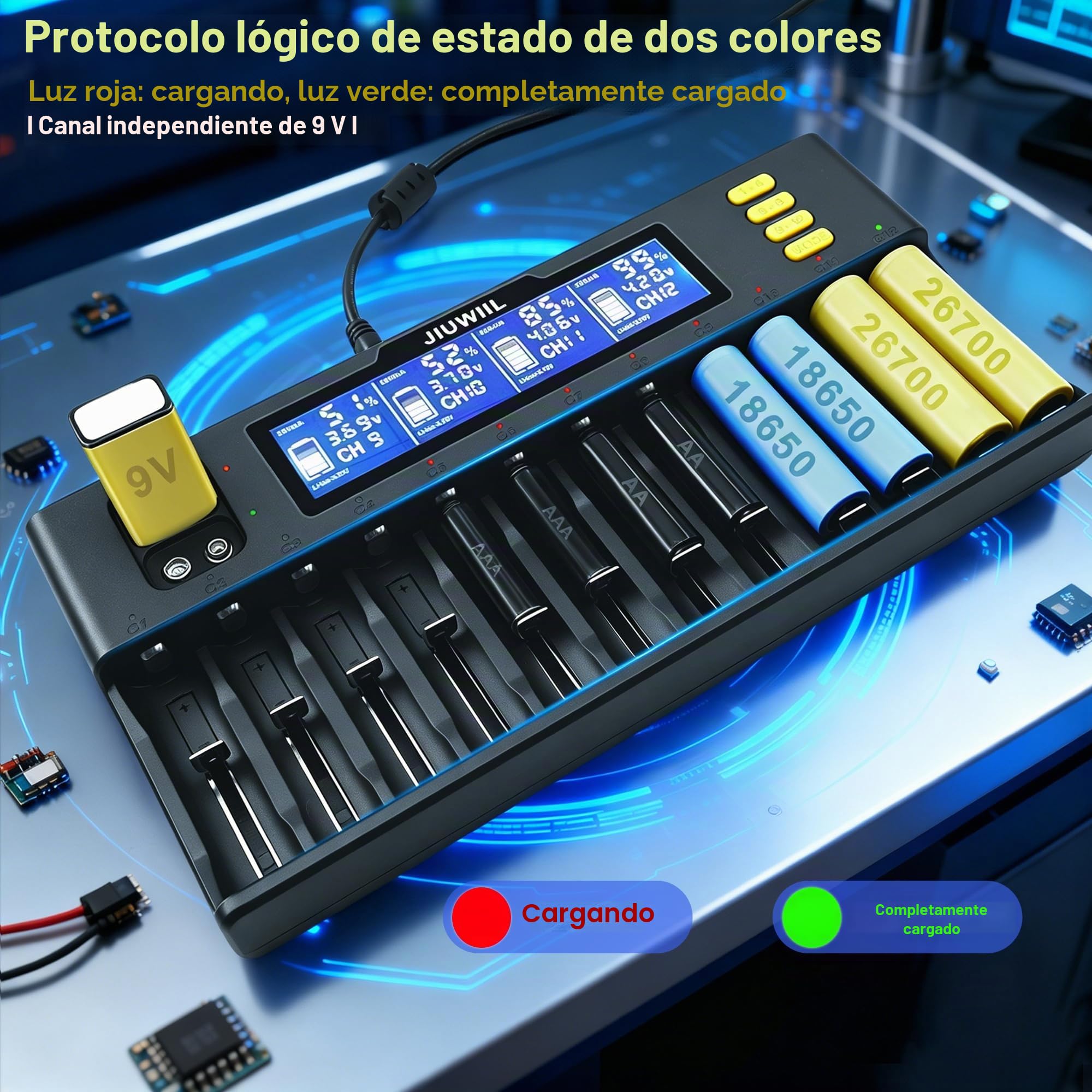 Cargador de baterías 18650, JIUWIIL Cargador rápido de baterías de 12+2 Ranuras con Pantalla LCD para baterías Recargables de Iones de Litio LiFePO4 RCR123 26650 10440 14500 & 9 V