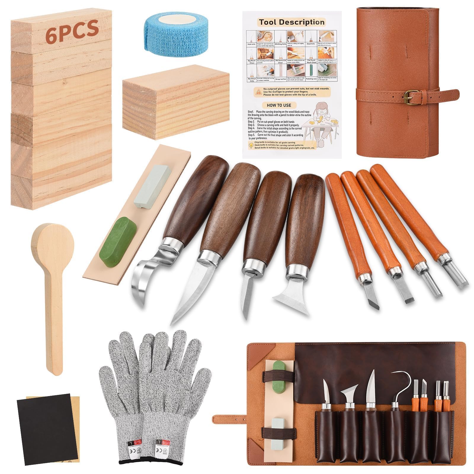 Kit 25 Pièces Outils de Sculpture sur Bois, Couteau Sculpture Bois, Ciseaux à Bois, Gouge Linogravure, Blocs de Tilleul et Bande Auto-adhésive pour Débutants et Loisirs