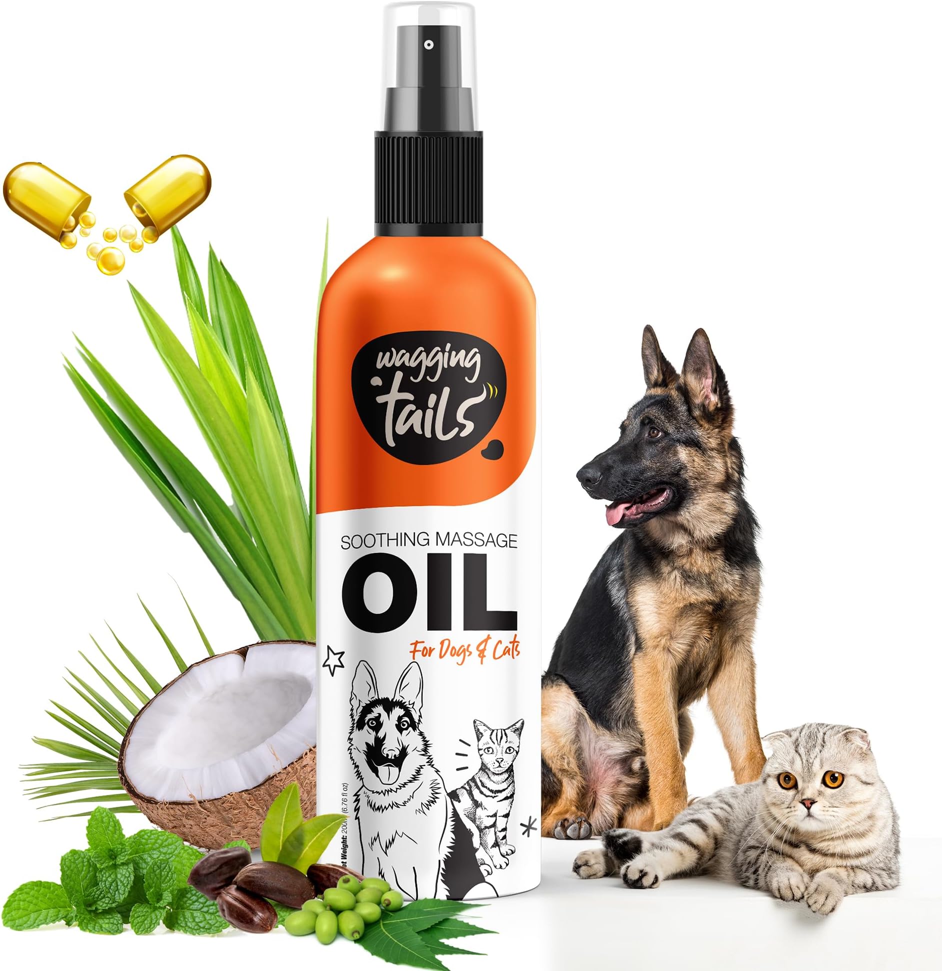 Wagging Tails Soothing Massage Pets Oil- 200ml for Dogs, Cats and Pet with Vitamin E | Natural Oil use to Controls Hair Fall & Improves Coat Shine and Softness