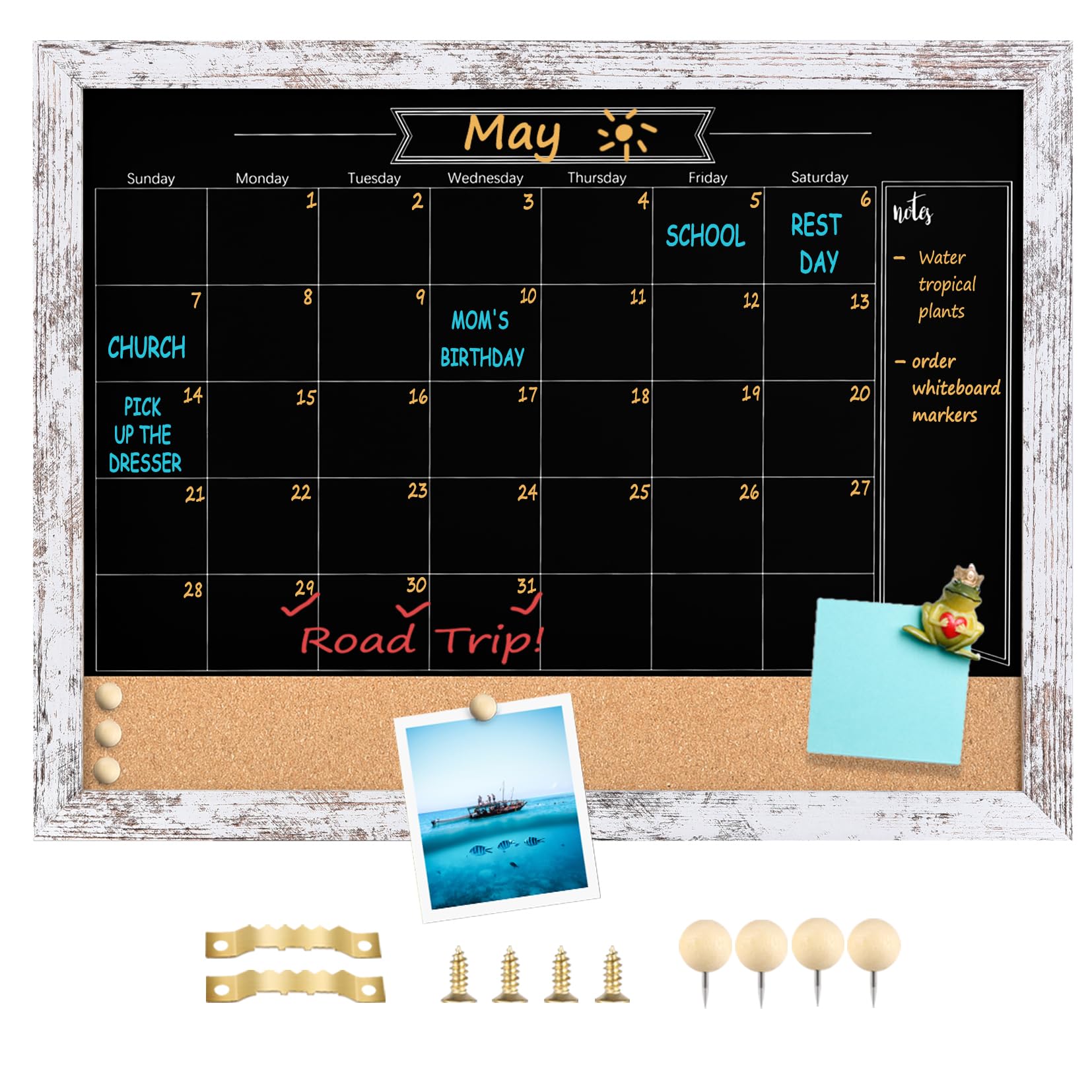 TORASO Pizarra magnética con calendario y tablero de corcho, 13 x 17 pulgadas, combinación de pizarra y tablón de anuncios, pizarra con marco blanco vintage, tablero combinado de corcho (ZHHB-Wood
