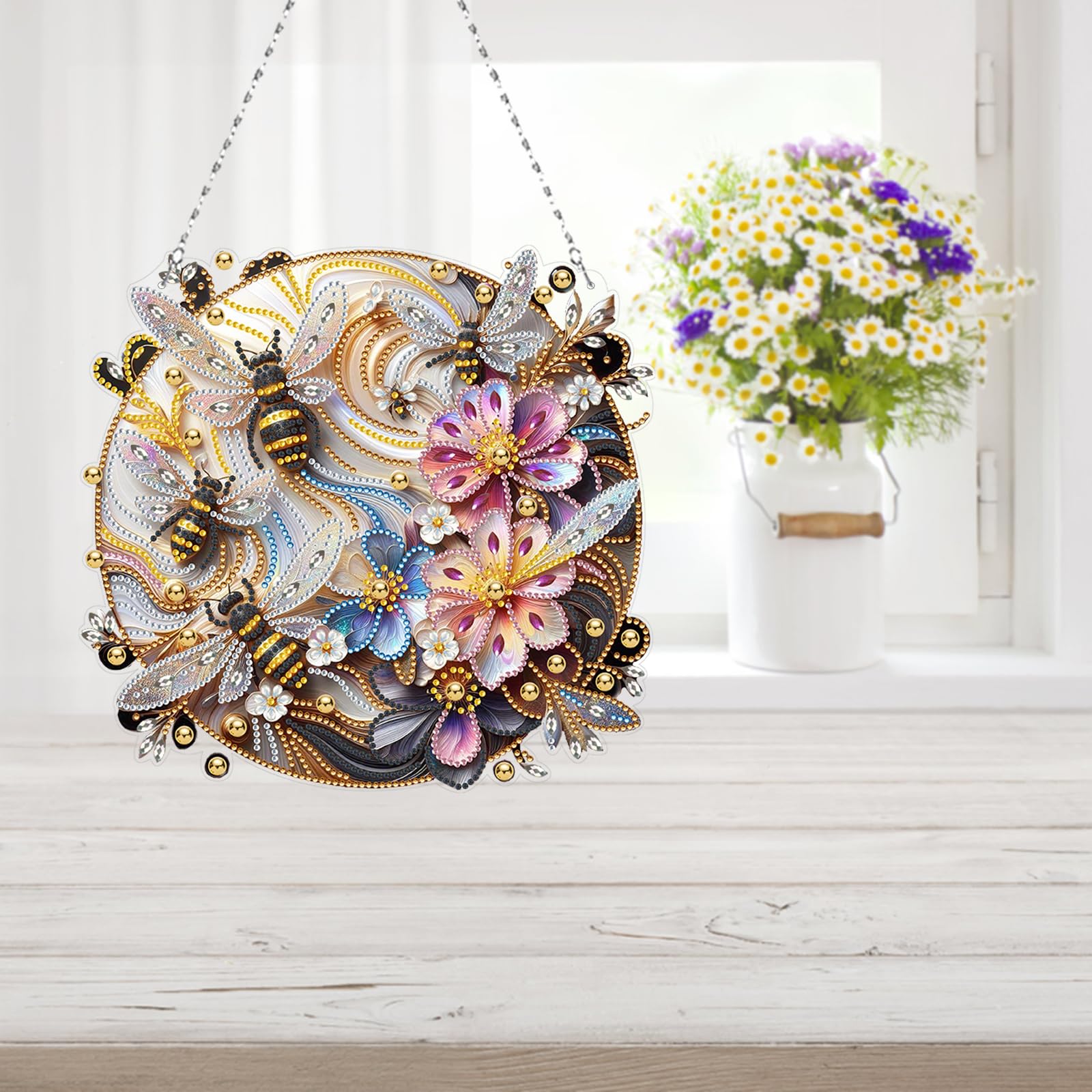 Amiiba Diamond Painting Hanging Kits Bees and Flowers, 5D Diamond Art Double Sided Hanging Plaques DIY Ornament Pendants Decorations (Bees)