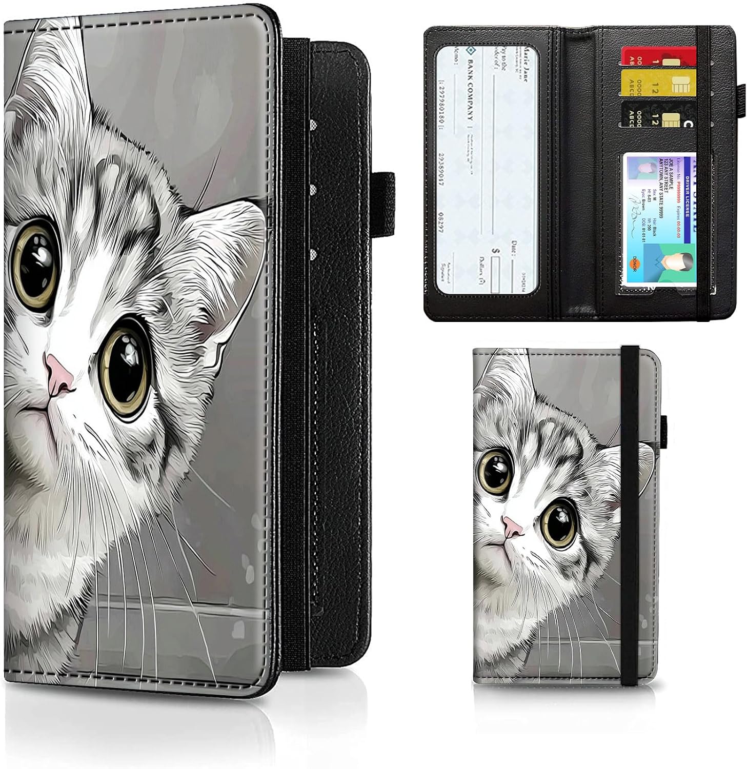 Checkbook Cover for Men Women PU Leather Slim Check Book Holder Covers Wallet Case with Card Slots Duplicate Checks Card Pen Holder with RFID Blocking & Elastic Strap,Cute A Cat