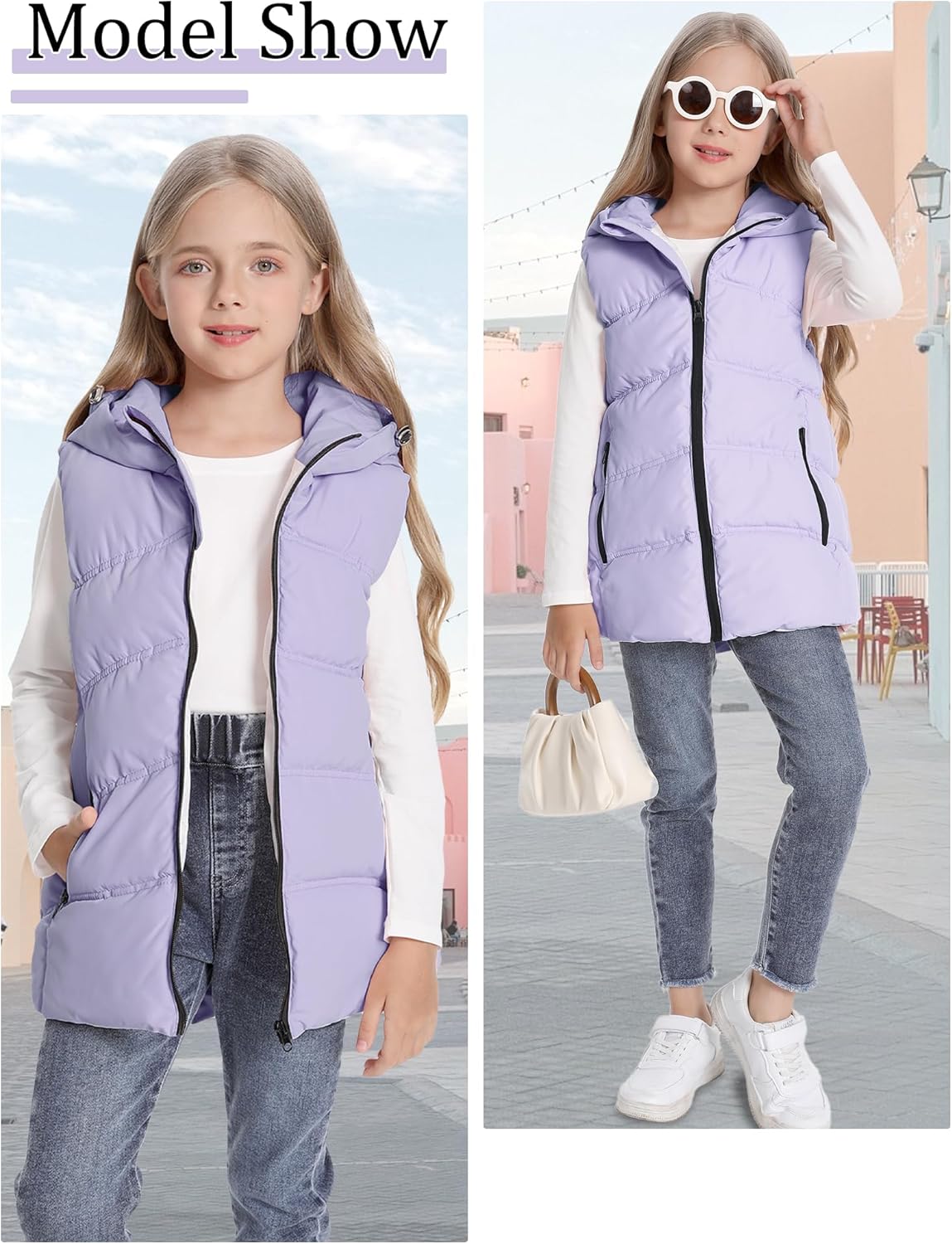 Happy Cherry Girls Mid-Length Hooded Puffer Vest Winter Warm Sleeveless Jacket with Easy Zipper & Side Pockets