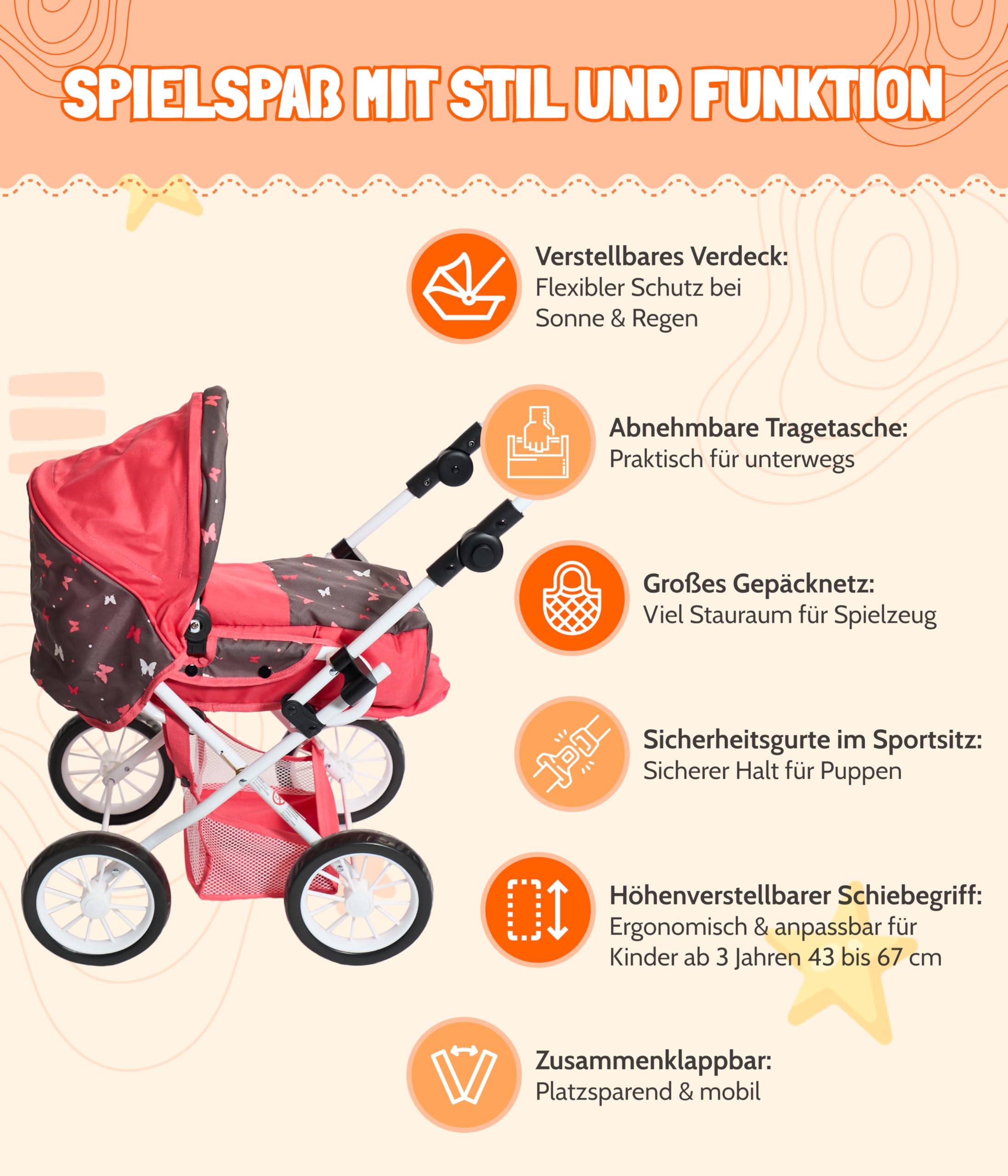 Bayer Chic 2000® Wózek dla lalek Leni kombi 3 w 1 – gwiazdka turkusowo-beżowa – składany, uchwyt z regulacją wysokości 43-67 cm, torba do przenoszenia – lalki do 46 cm, od 3 J.