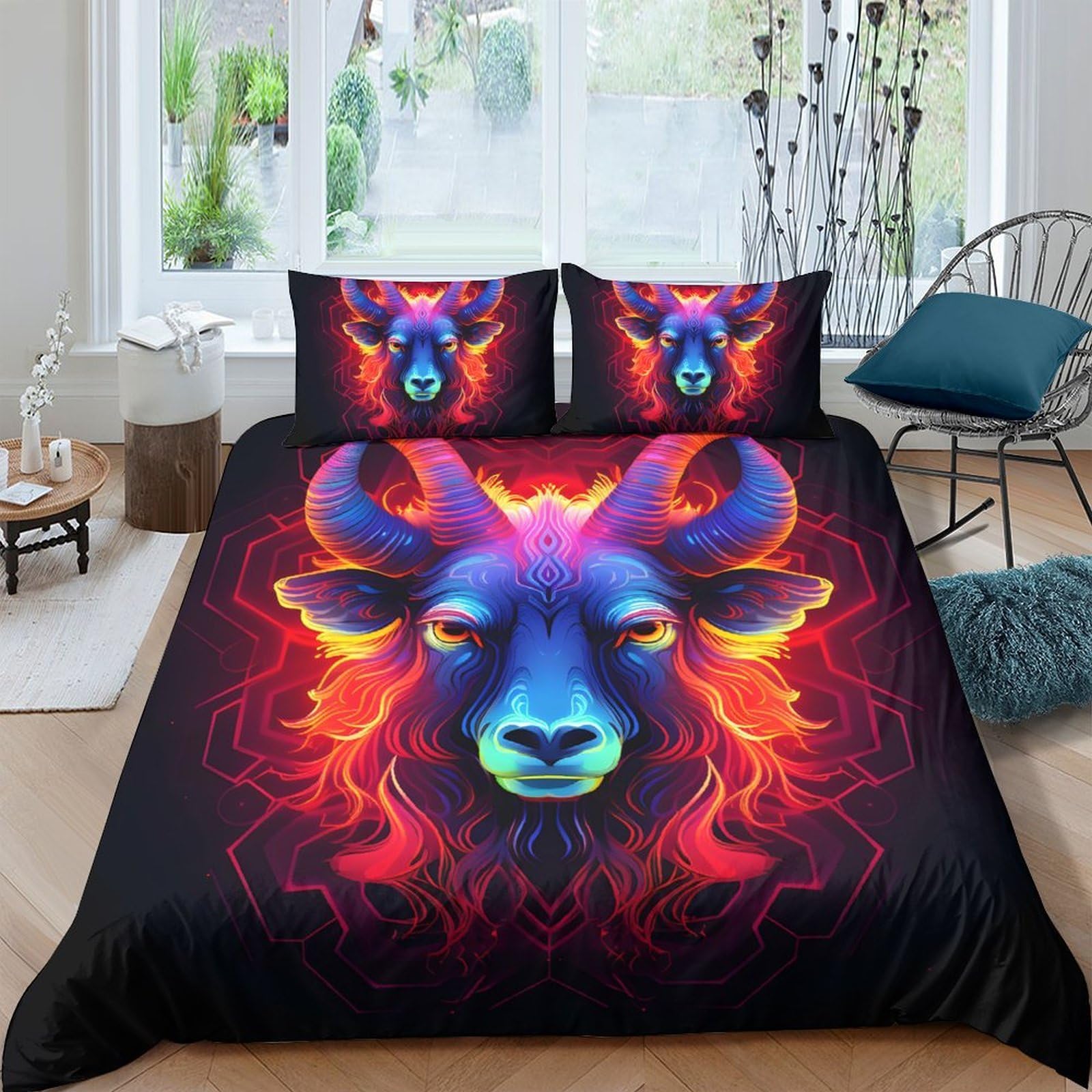 Ctjqhvkz Style-8 3D Printed Neon Ram Fitted Sheet Microfiber Soft Art Mattress Cover For Bedroom Dorm Mattress Protection Decor Single（135X200cm）