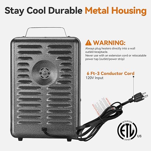 Miniatura 5 de Shinic Calentador espacial de 1500 W con termostato, carcasa de metal duradera que se mantiene fresco, protección contra sobrecalentamiento, enchufe