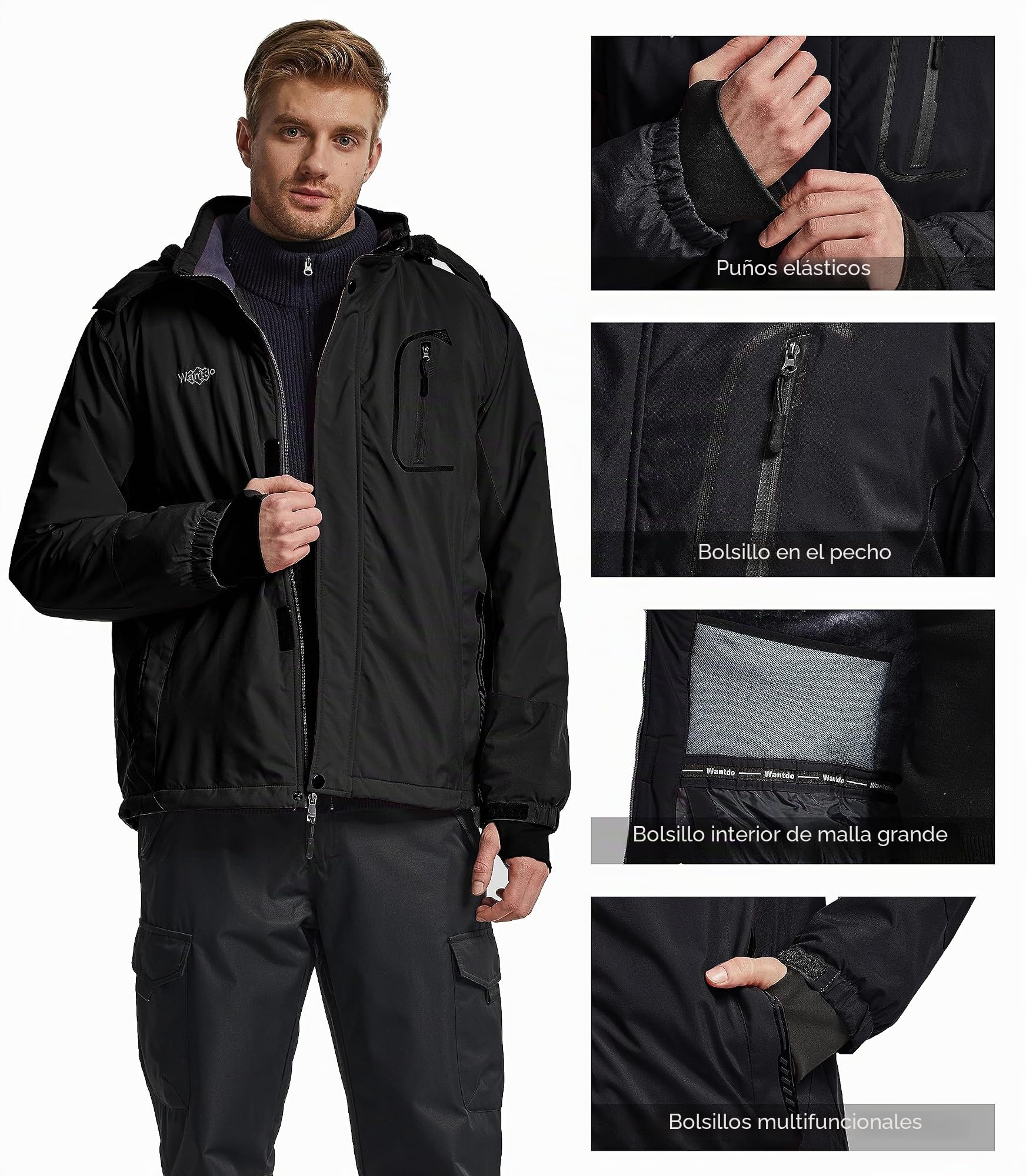 Wantdo Chaqueta de Hombre Montaña de Senderismo Abrigo de Esquí Antiviento | Con capucha,Cortavientos,Múltiples Bolsillos,Montaña,Actividades al aire libre,Senderismo,Estilo Informal,Cremallera Completa