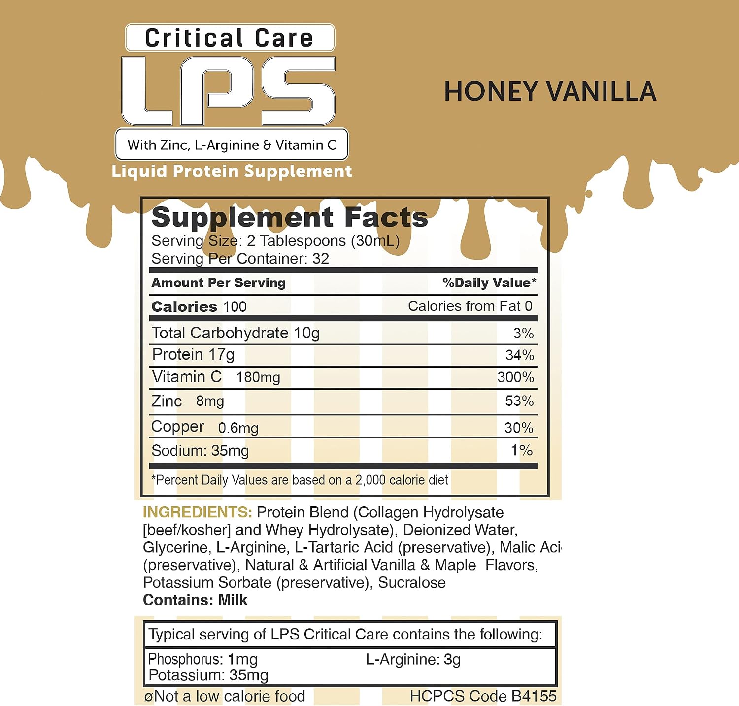 Nutritional Designs LPS Liquid Collagen & Whey Protein Supplement, Sugar-Free, Non-GMO Drink, Promotes Healthy Skin & Hair for Men & Women. (Critical Care) Honey Vanilla