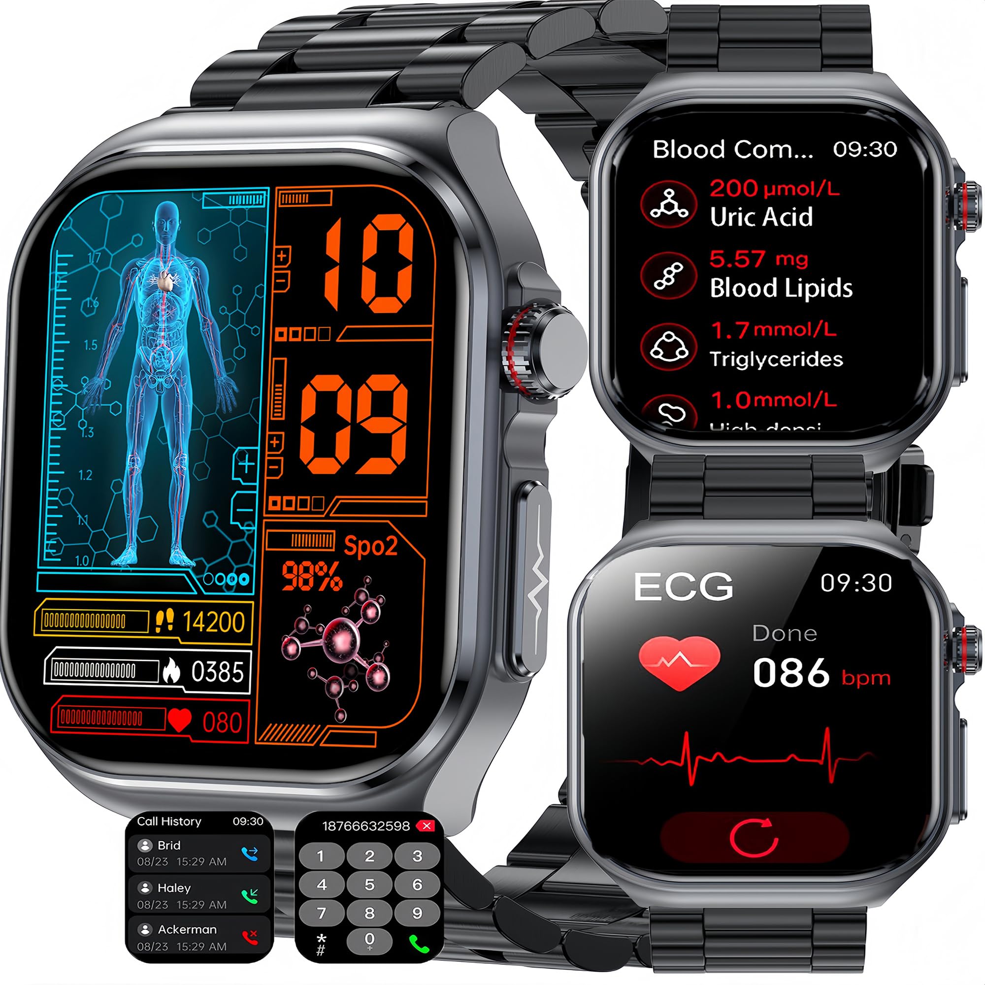 𝐁𝐥𝐮𝐭𝐳𝐮𝐜𝐤𝐞𝐫 Smartwatch Herren ECG Smartwatch Mit Telefonfunktion BMI/Harnsäure/Bludruck 𝐛𝐥𝐮𝐭𝐟𝐞𝐭𝐭𝐞 Fitnessuhr mit Telefonfunktion 24H Blutdruck