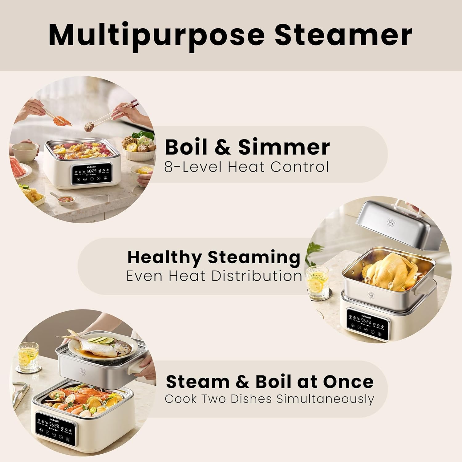 Electric Food Steamer 12.7 QT, Double-Tier 8-in-1 Vegetable & Meal Steamer, Stainless Steel, Timer & Keep Warm, Boil-Dry Protection, Healthy Cooking Kitchen Steamer - Image 3