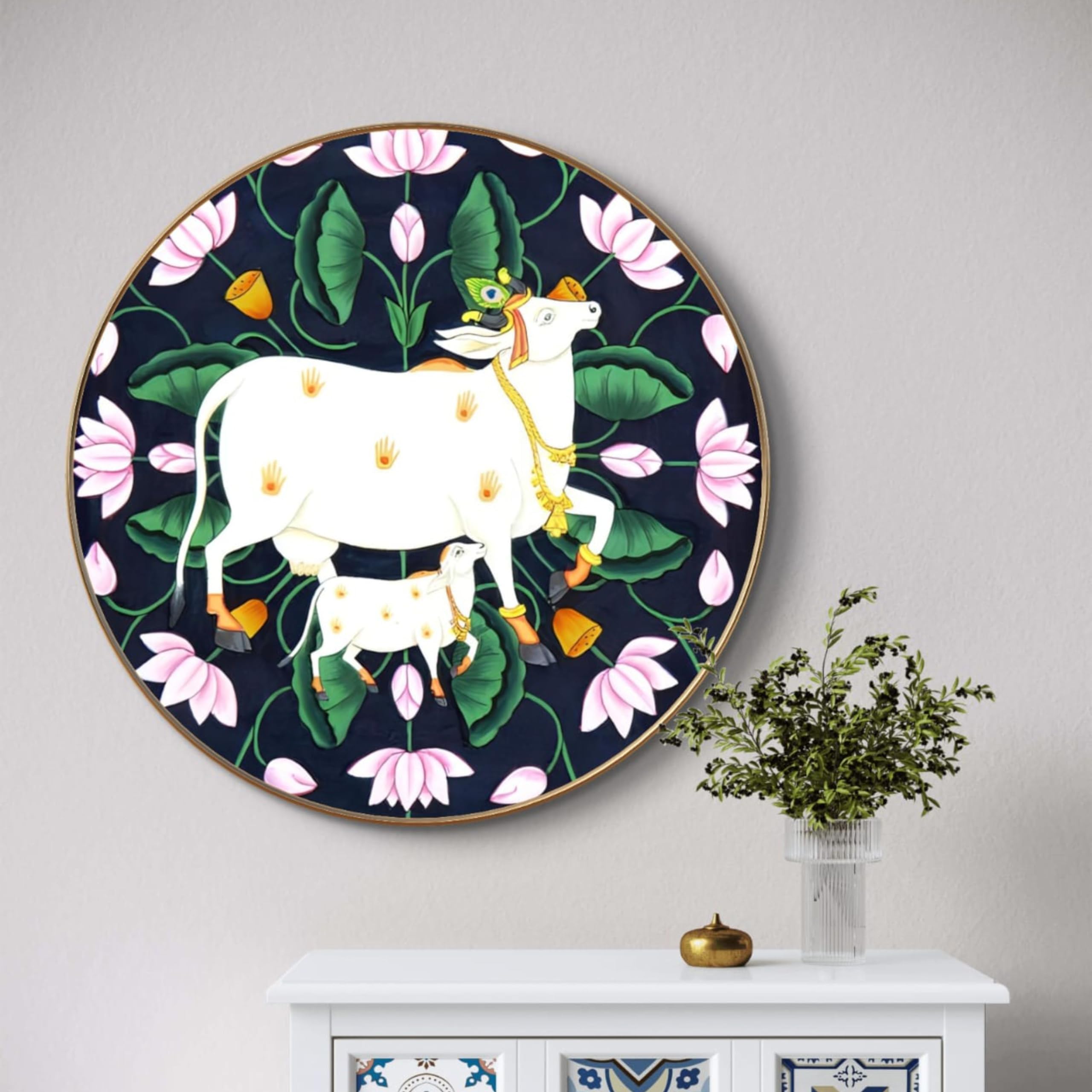 Livin'luxe paintings Beautiful Cow Pichwai Premium Sparkle lamination Golden Slim Frame 58 cm x 58 cm Large Size, For Home/Office/Hotel painting GR-07