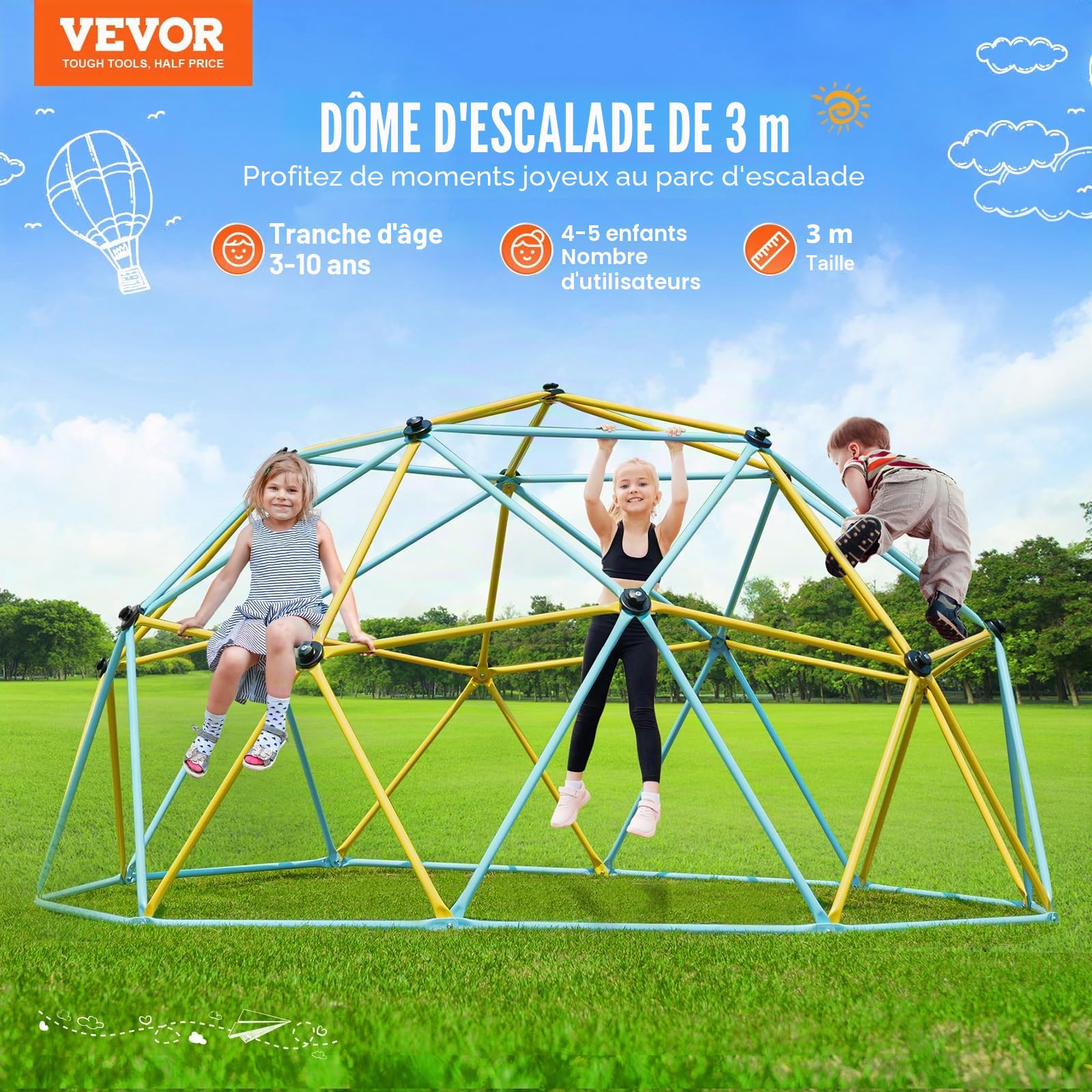 VEVOR Dôme d'escalade, Salle de Sport de la Jungle supporte 340,2 kg et Assemblage Facile, Centre de Jeu géométrique de 3 m pour Enfants de 3 à 10 Ans, avec poignée d'escalade, équipement de Jeu
