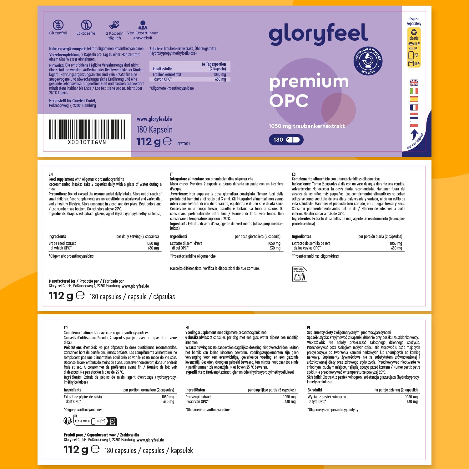 Premium OPC Extracto de semilla de uva - 1052mg de Extracto al día - Máximo contenido de OPC según HPLC - De uvas francesas originales - Vegano y fabricado en Alemania, sin aditivos