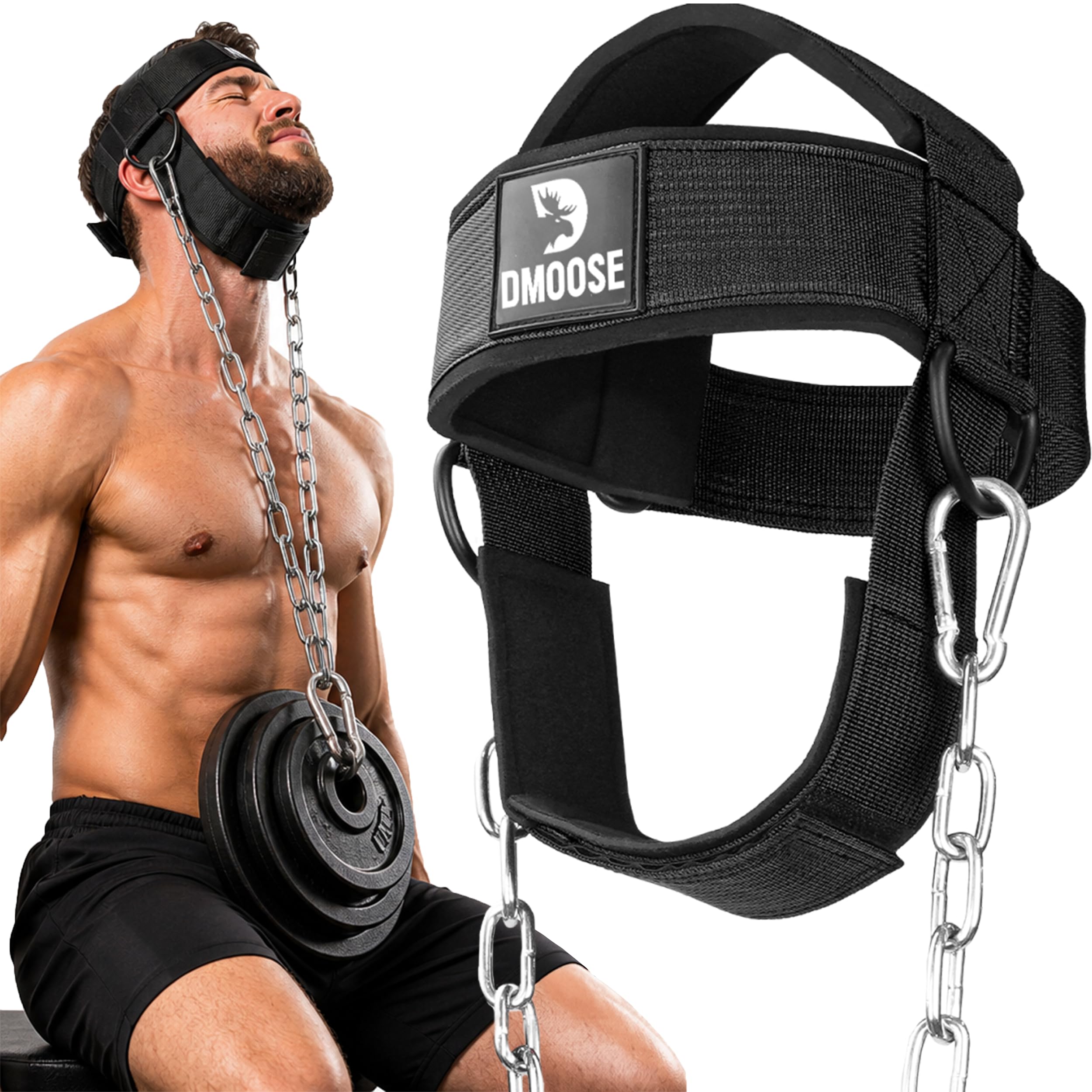 DMoose Fitness Neck Harness for Weight Lifting - Soft Padded Head &amp; Chin Strap with 30" Heavy Duty Steel Chain - Neck Exerciser, Trainer &amp; Strengthener to Support Injury Recovery and Intense Workouts