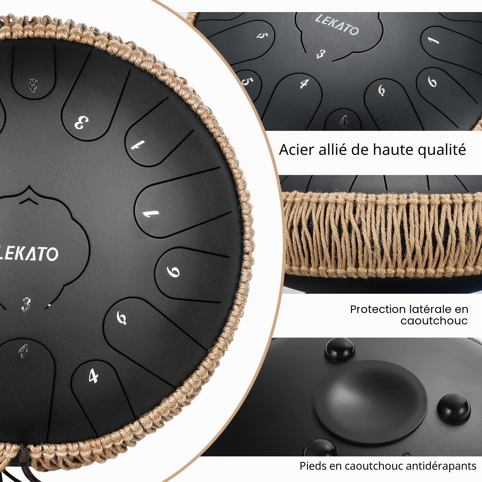 LEKATO Steel Tongue Drum, Tambour Handpan à 13 Pouces 15 Tons en C, Tambour à Langue de Grande Taille, Instrument de Percussion pour la Méditation, le Yoga, l'Education Musicale, Noir