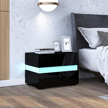 Bedside Table, Black Bedside Table, High Gloss Bedside Cabinet with LED Lights 2 Drawers Nightstand Storage Cabinet Bedroom Furniture 60 x 39 x 45cm