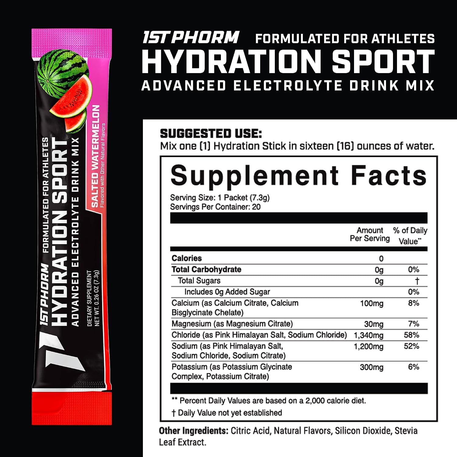 1st Phorm Hydration Sticks, Salted Watermelon, Electrolyte Drink Mix, 20 Ct | With Vitamin D & Calcium, 1150mg Electrolytes & Vitamins Per Stick, Zero Sugar, Travel-Ready Stick Packs