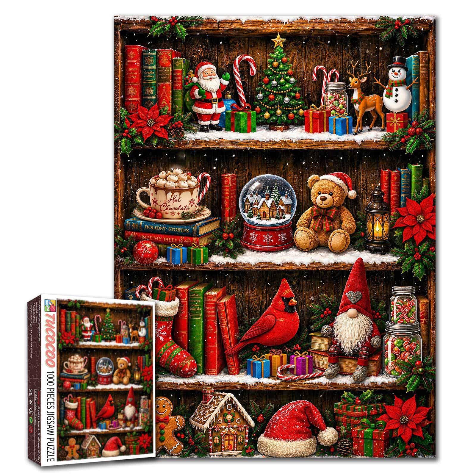 Christmas Bookshelf Jigsaw Puzzle for Adults 1000 Pieces Holiday Decor Scene DIY Puzzles for Family Activity Games Santa Gnome Snow Globe and Cardinal Bird Art Puzzle Home Wall Decor Festive Gifts