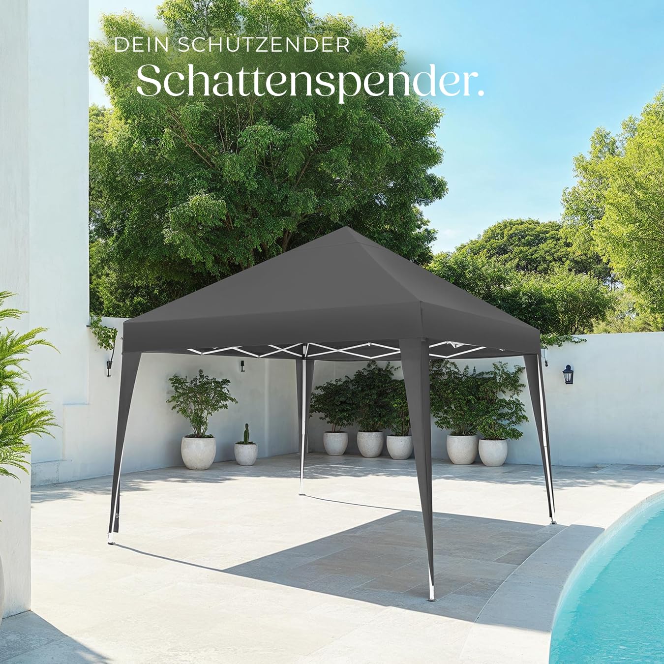 tectake® Pavillon 3x3, Gartenpavillon 3x3, wasserabweisend, höhenverstellbarer Faltpavillon mit Pop Up Klicksystem, Partyzelt für Garten, Festival, Camping, mit Spannseile, Heringe und Tasche - grau