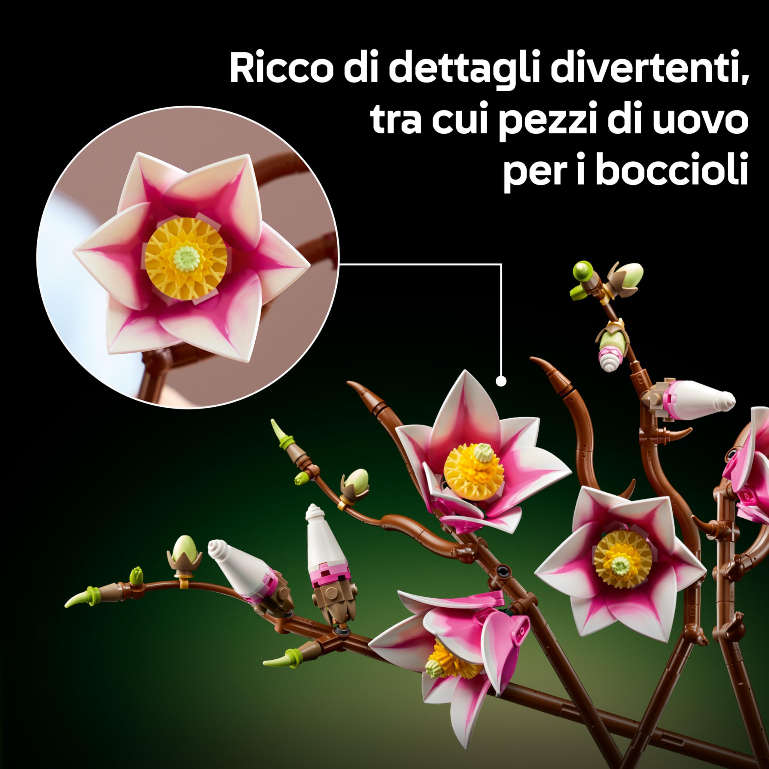 LEGO Botanicals Rametti di Magnolia - Set di Fiori Finti per Adulti - 5 Magnolie Artificiali per Decorare il Soggiorno o la Camera da Letto - Idea Regalo Fai da Te per Donne - 11510