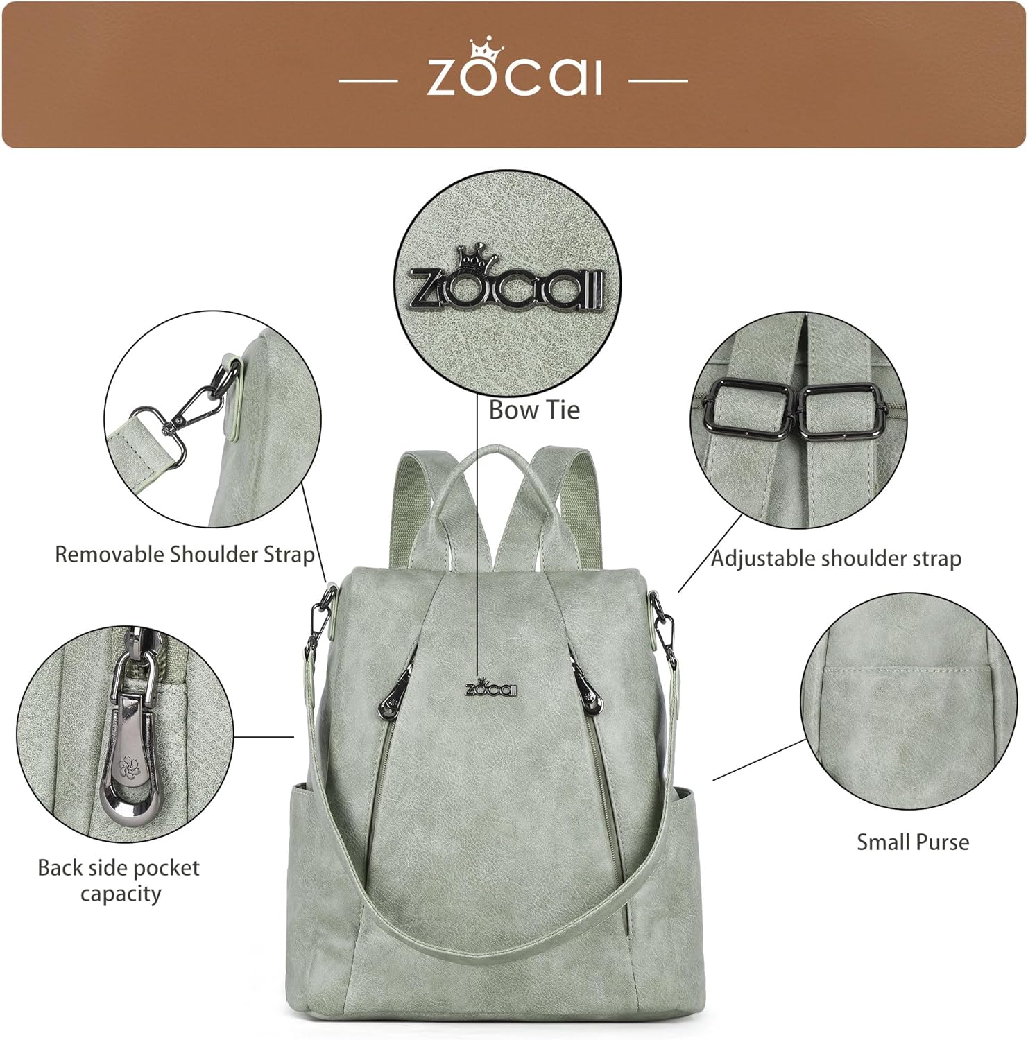 ZOCAI Backpack Purse for Women Medium Anti-Theft Backpacks Purses Design Leather Shoulder Bags with Removable Strap - Image 5