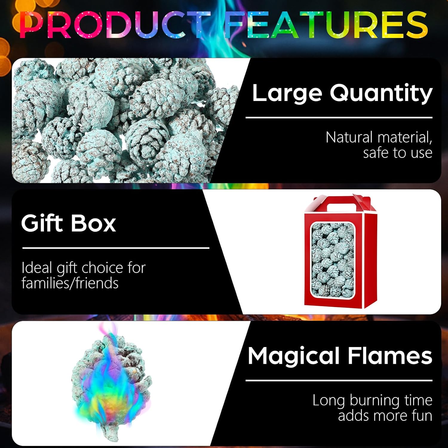 Soulchen 220 Christmas Fire Color Pine Cone Ornaments Bulk (Flame Powder) with a Gift Box, 1.6" Pine Cone Fire Color Changing for Craft Xmas Fireplace, Firepit, Campfire, Flame Burning Party Ornament