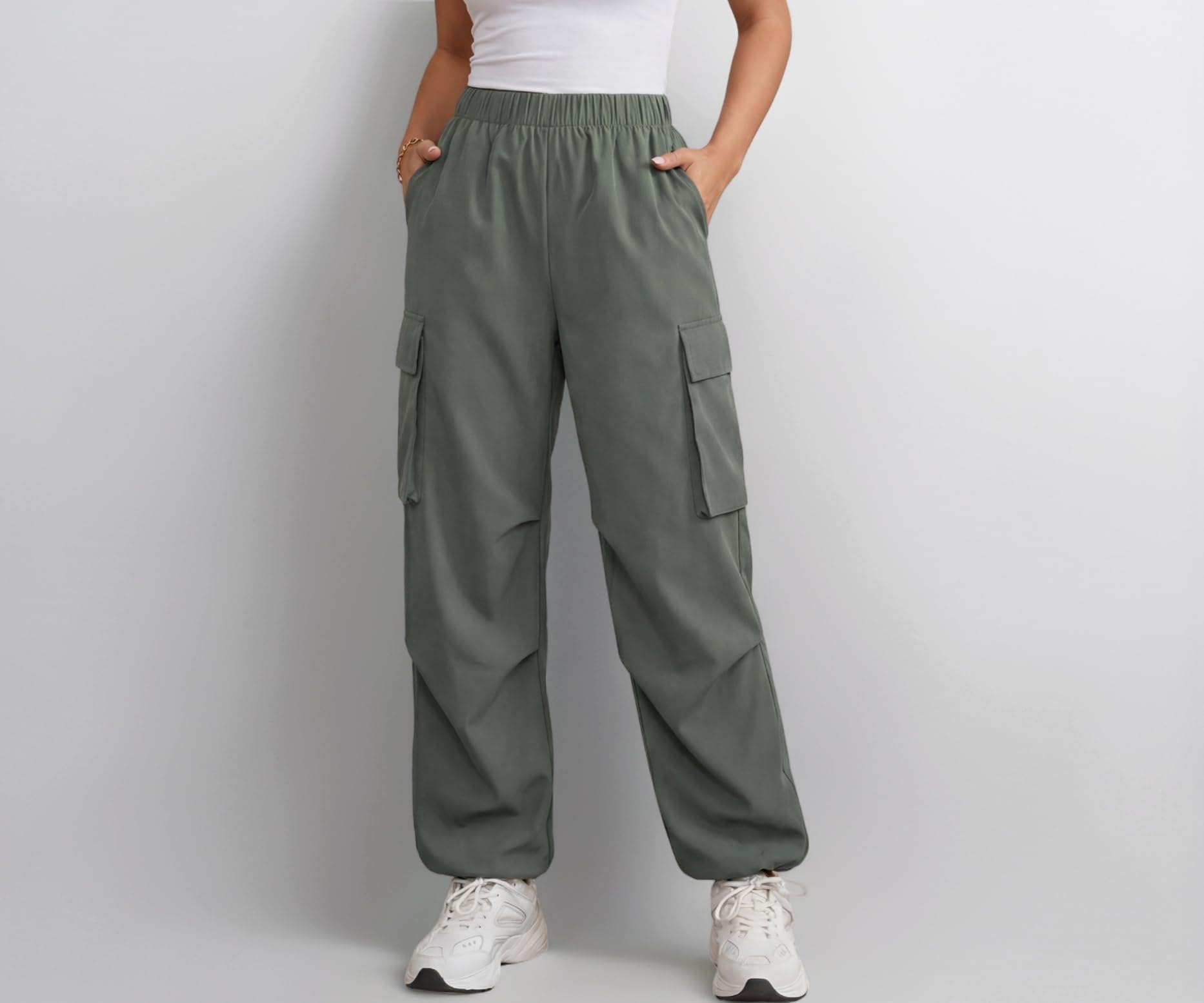 GRECIILOOKS High Waist Cotton Trousers for Women โ Flared Parachute Pants with Side Pockets | Casual Travel Cargo Pants