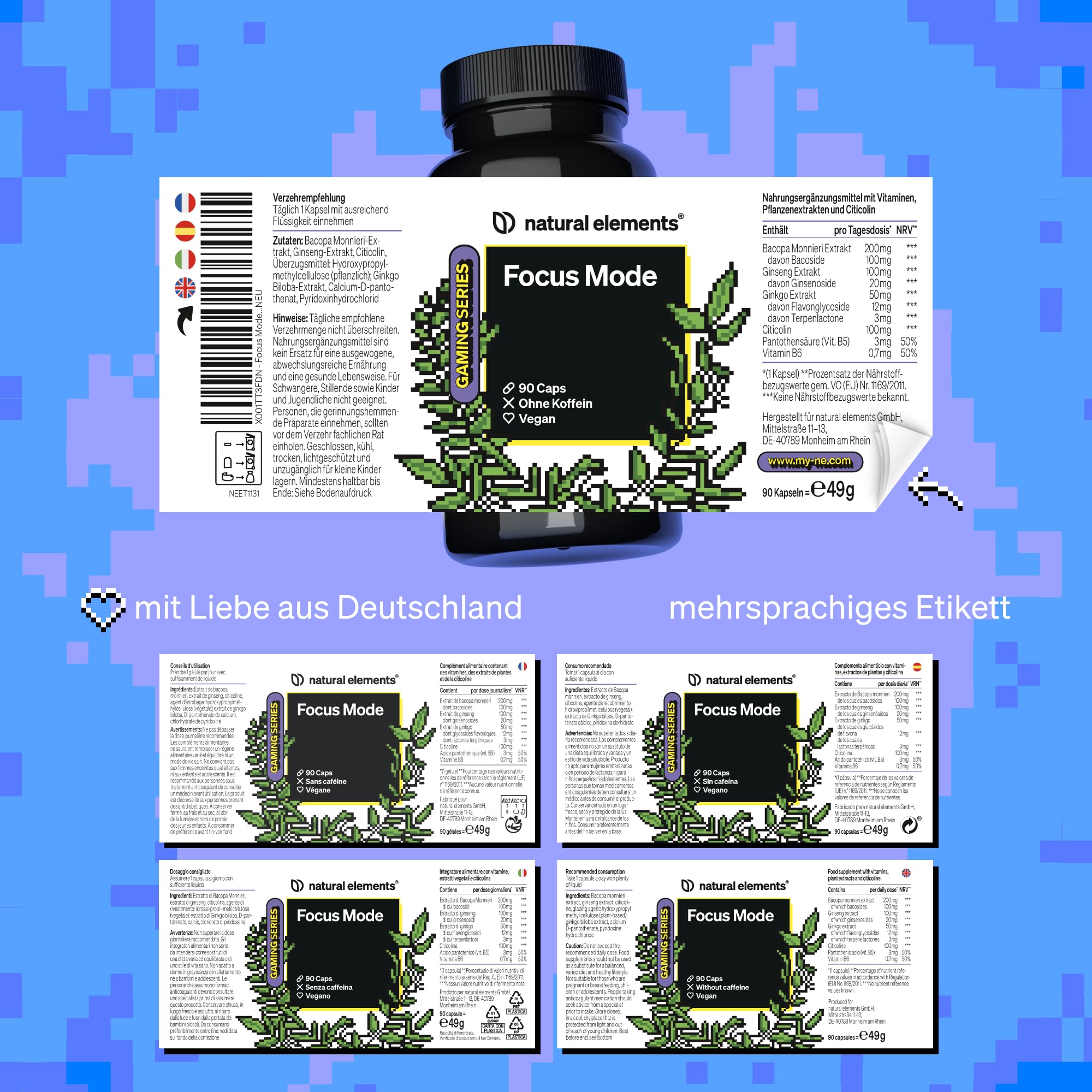 natural elements Focus Mode Konzentrations Kapseln – 90 Stück – koffeinfrei, mit Brahmi, Ginseng & Gingko – vegan, ohne unnötige Zusätze – in Deutschland produziert & laborgeprüft
