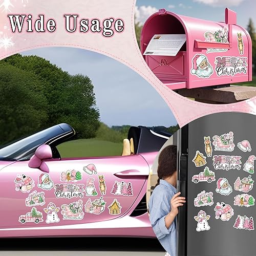 Miniatura 7 de Whaline 14 imanes de Navidad rosados para refrigerador, diseño de Papá Noel, muñeco de nieve, calcomanías magnéticas decorativas para nevera con