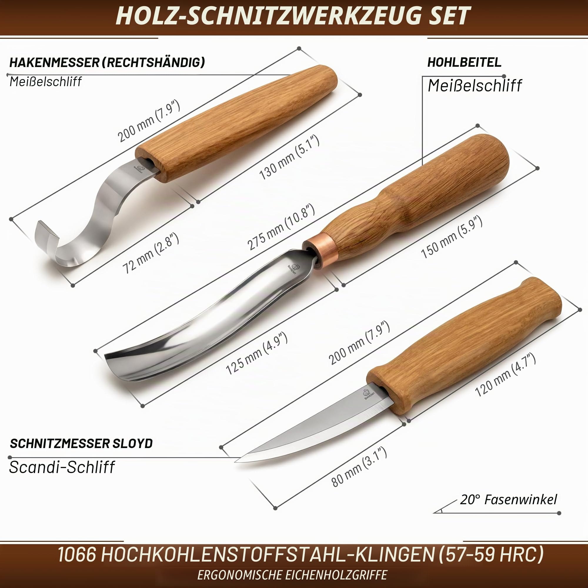 BeaverCraft Holzschnitzmesser Set S14 – Löffelschnitzwerkzeuge mit Hakenmesser, Schalenhohleisen & Meißeln – Schnitzset für Anfänger – Hobby Schnitzmesser Set