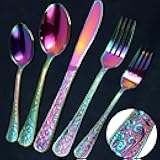 Chuleno Vintage Floral Carved Rainbow Silverware Set for 6, 30PCS Stainless Steel Flatware Set with Knife/Fork/Spoon, Cutlery Set for Home and Kitchen, Mirror Polished Utensil Set for Christmas Gift