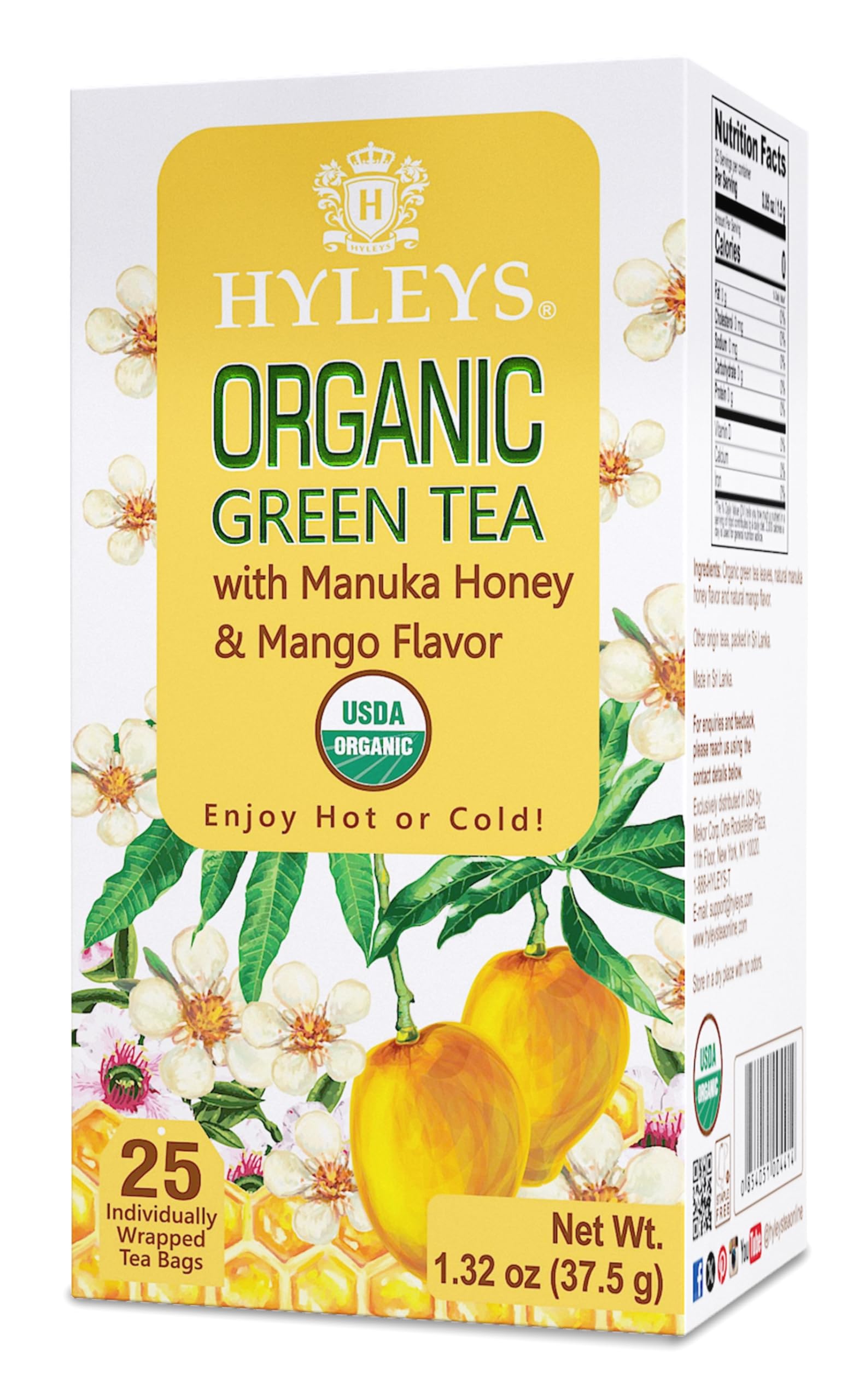 Hyleys Organic Green Tea with Manuka Honey & Mango Flavor - 25 Tea Bags (100% Natural, Sugar Free, Gluten Free and Non-GMO)
