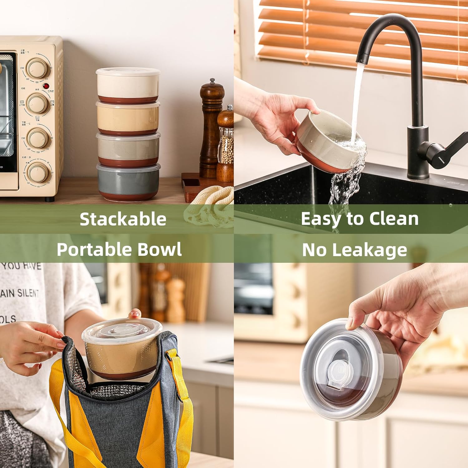 Ceramic Bowl with Lid: 20 oz Microwave Safe Porcelain Soup Containers for Food Storage, Meal Prep, Working Lunch, Picnic & Camping - 5-Inch Set of 4 Dipped Color & Speckle