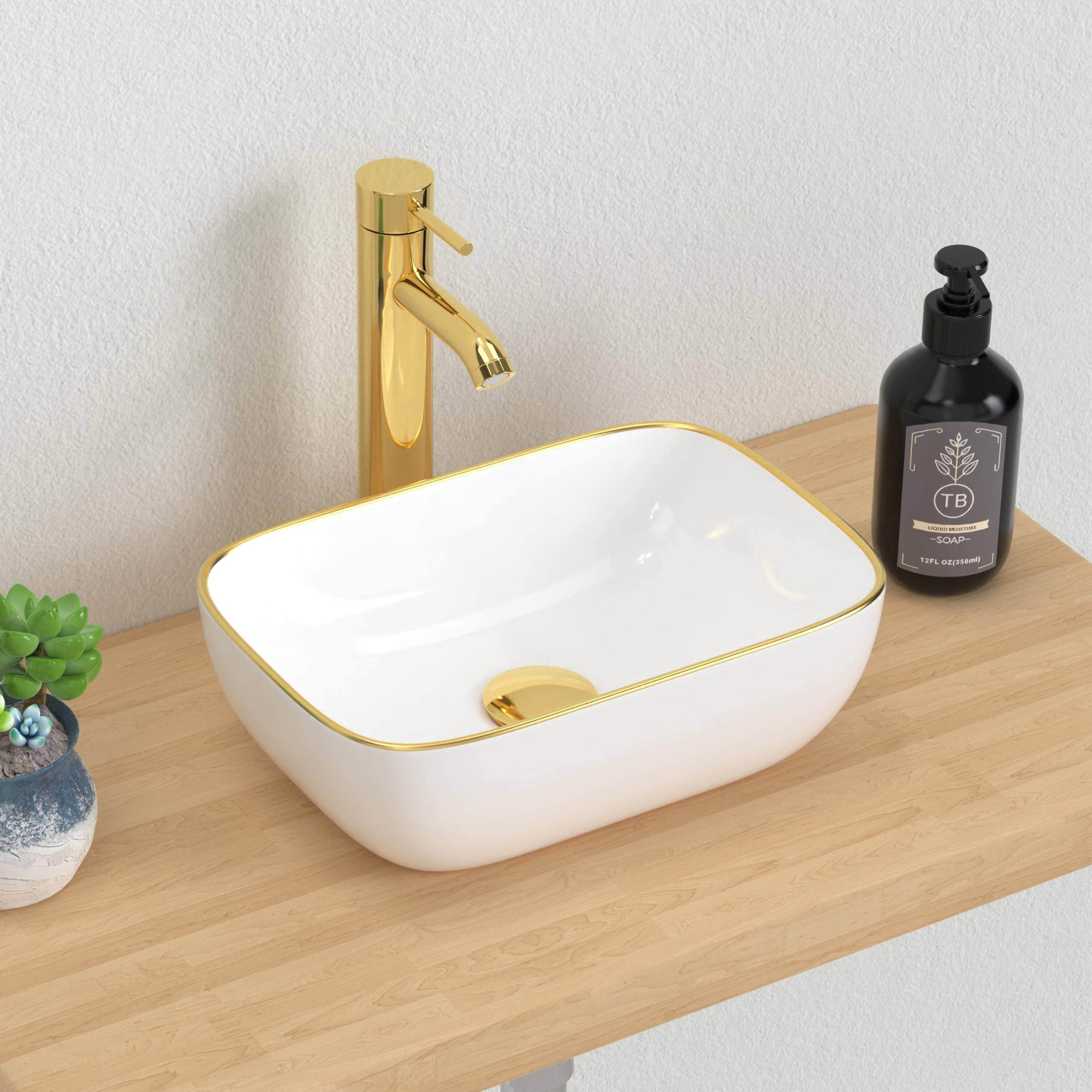 J-FAMILY 14.5'' x 10'' Bathroom Small Vessel Sink Above Counter White Porcelain Ceramic Compact Size Sink Bowl Gold Trim Decoration Small Vanity Sink Lavatory Wash Basin