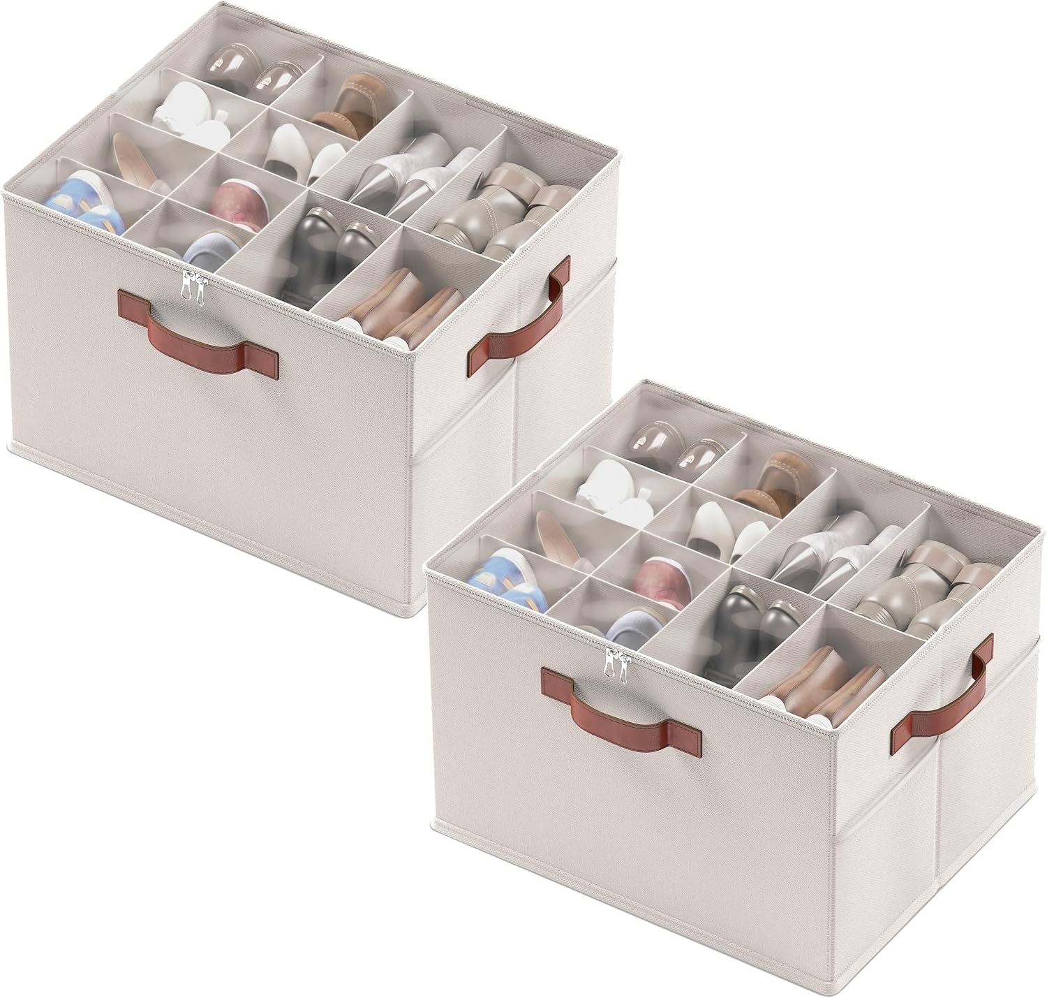 Ornavo Home Large Shoe Storage Organizer Bins 2 Pack, Foldable Linen, Beige