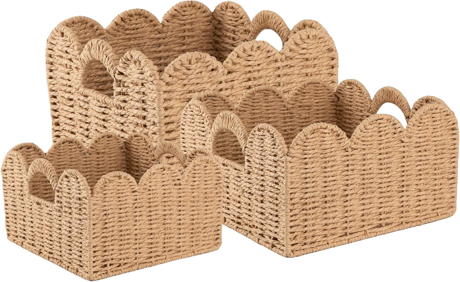 OIAHOMY Scalloped Wicker Baskets, Hand-woven Storage Baskets with Built-in Handles, Paper Rope Shelf Baskets for Organizing and Decoration, Set of 3-Yellow