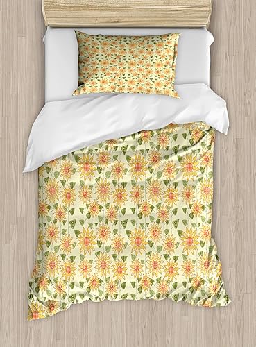 Ambesonne Juego de funda de edredón de girasol, patrón floral de naturaleza en retazos, diseño rústico de campo, juego de ropa de cama decorativo de
