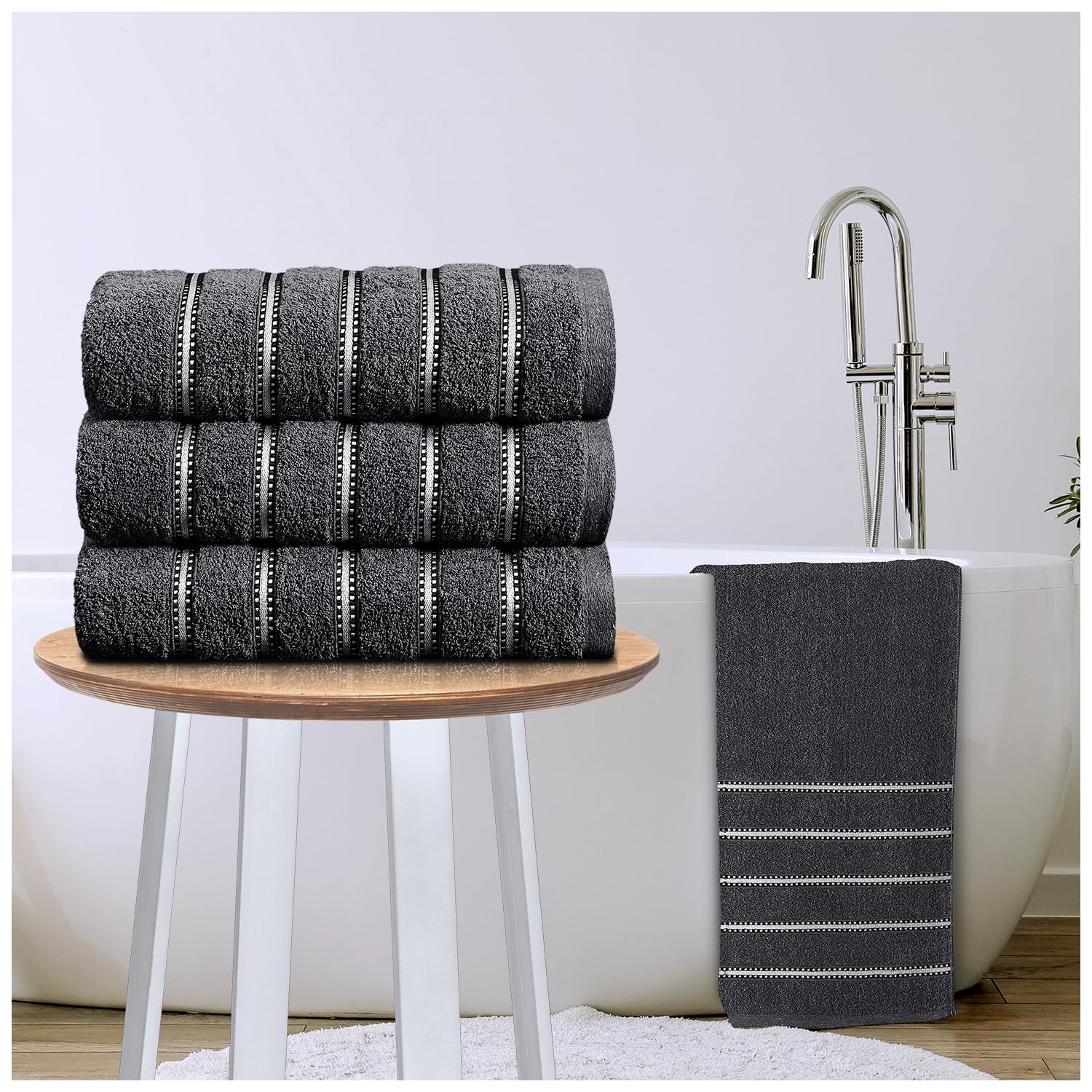 GC GAVENO CAVAILIA Stripe Bath Sheets Extra Large 3Pack | 600GSM Towels Bath Sheets Quick Dry Water Absorbent Towels Set | Lightweight Hotel Quality Thick Cotton Towel Bath Sheet 90x150 Cm, Charcoal