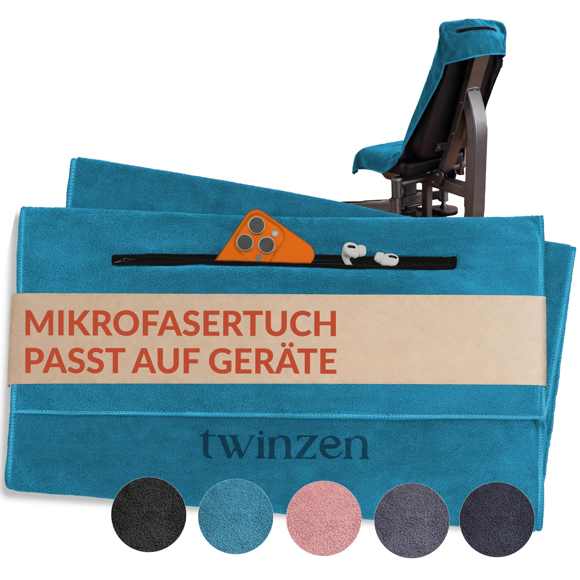 Twinzen - Fitness Handtuch Mikrofaser 120x50 - Schnelltrocknend, Reißverschlusstasche - Weiches Sporthandtuch fürs Fitnessstudio & Gym
