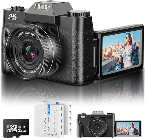 Cámara digital 4K, cámara de vlogging de 56 MP con pantalla abatible de 3 pulgadas de 180 grados, zoom 16X de enfoque automático y cámara digital