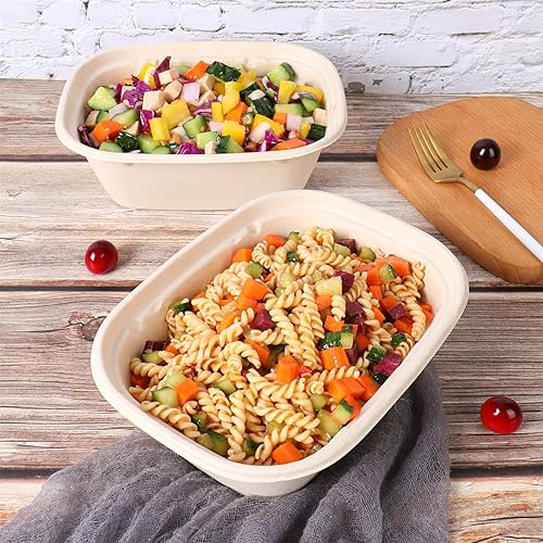 Miniatura 7 de Cuencos de ensalada desechables de 30 onzas con tapas, cuencos de papel de fibra de caña de azúcar, recipientes de bagazo para alimentos, contenedor