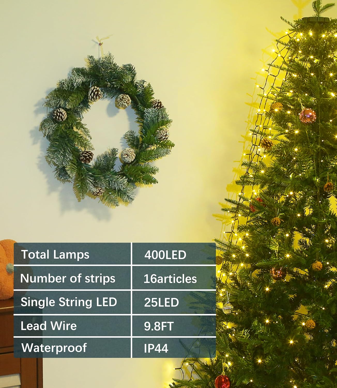 Product specifications for Flechllary cascading twinkle lights, including total lamps, number of strips, single string LED count, lead wire length, and waterproof rating.