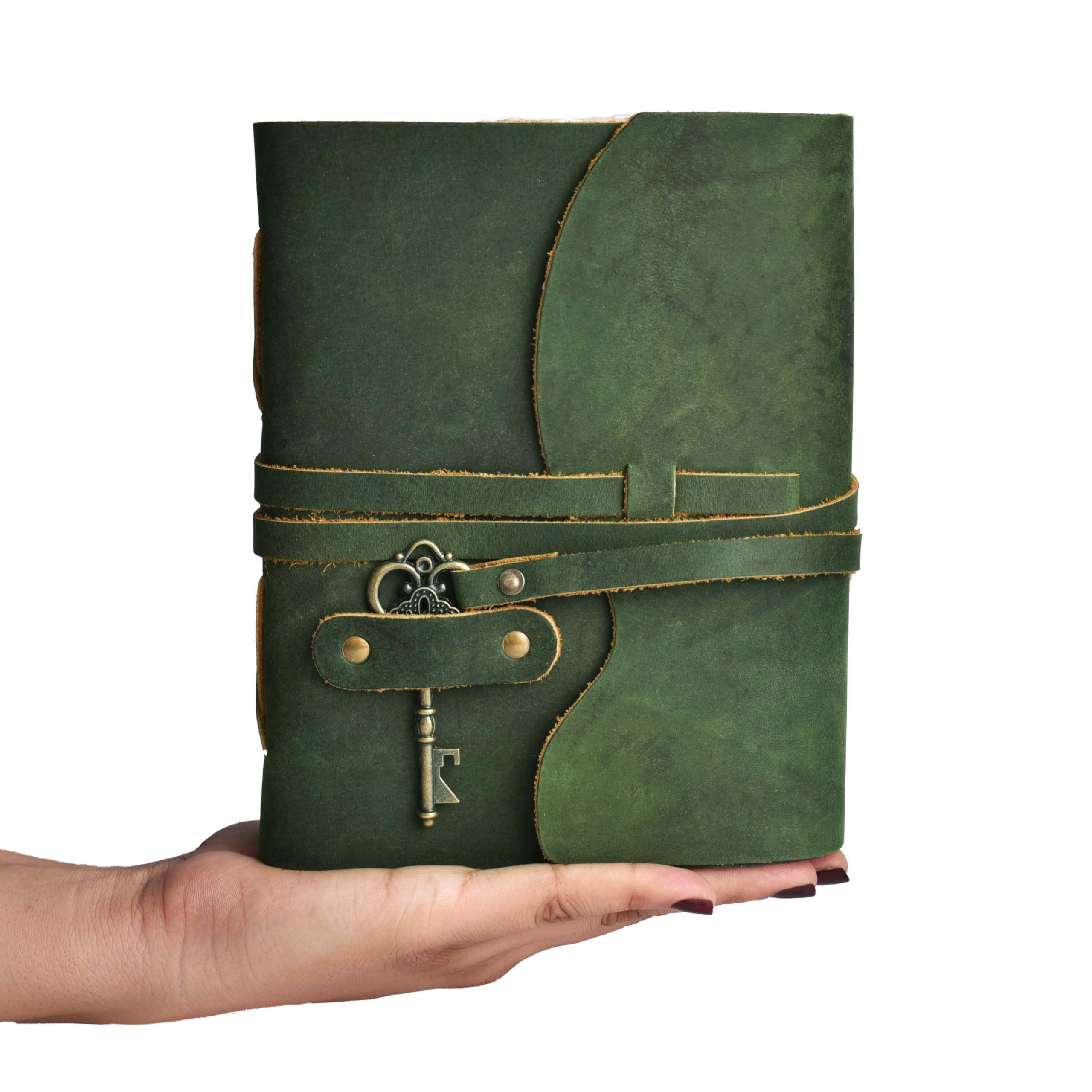 LEATHER VILLAGE Leder-Notizbuch, Tagebuch, Schlüsselschloss, Waldgrün, 8 x
