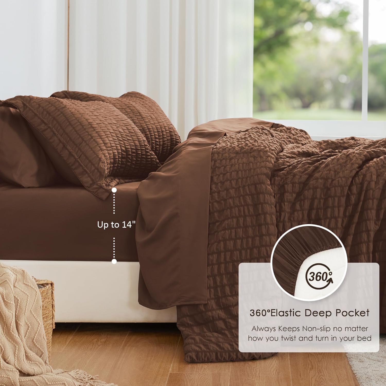 Love's cabin Seersucker Brown Full Comforter Set, 7-Piece All Season Lightweight Bed in a Bag Bedding Set with Comforter, Flat Sheet, Fitted Sheet, Pillowcases and Shams | Soft, Breathable, Lightweight - Image 3