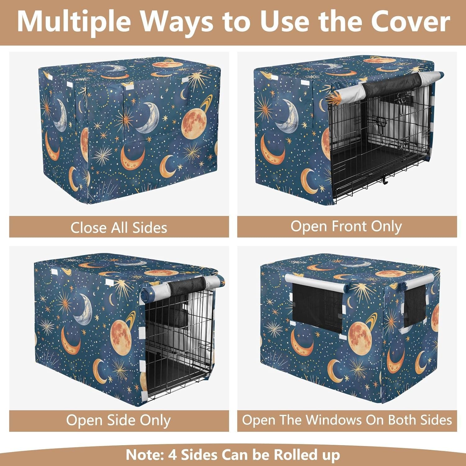 Colorful Stars Moons Planets Blue Pet Kennel Cover with Mesh Windows, Washable Dog Create Cover, Large