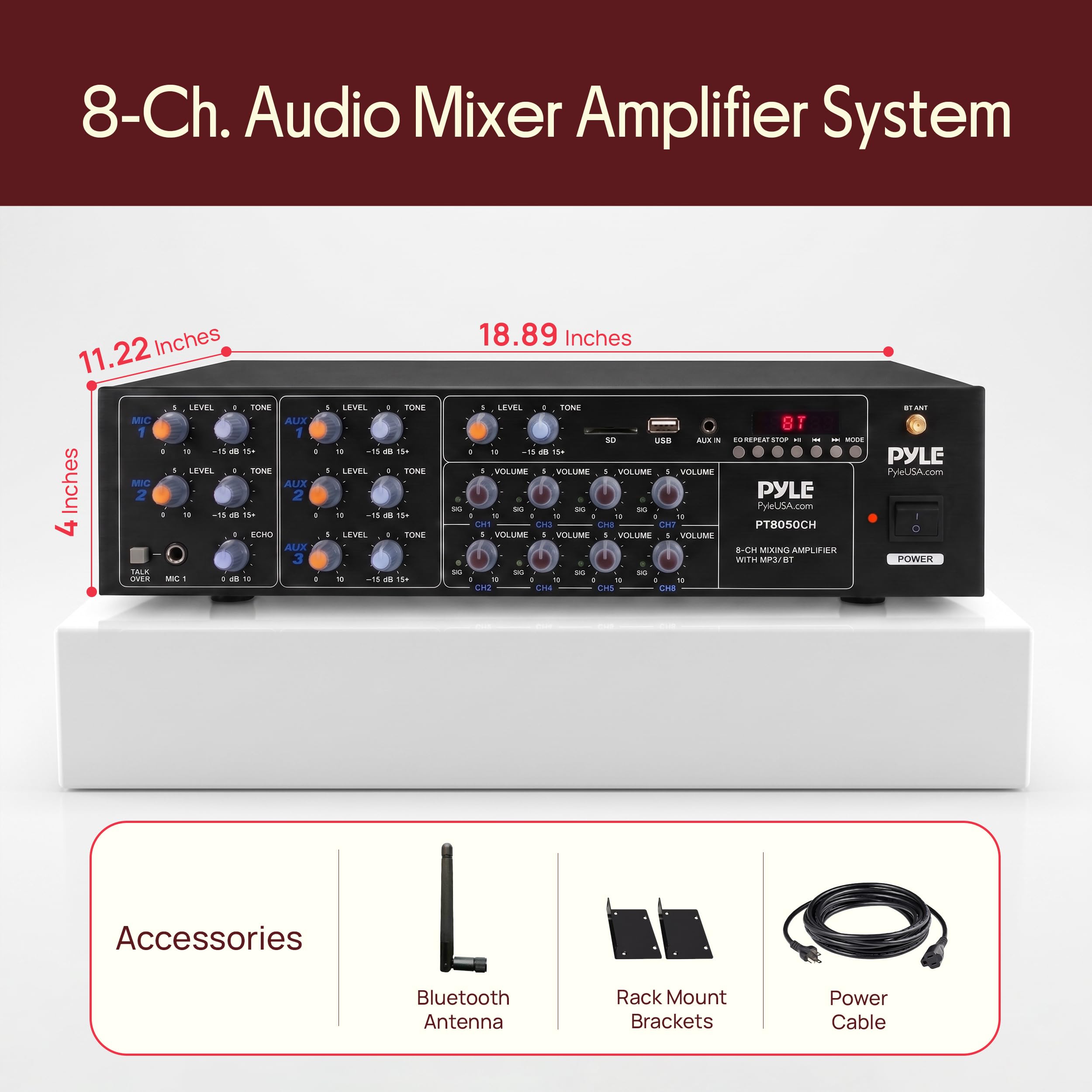 Pyle 8-Channel Wireless Bluetooth Power Amplifier - 4000W Rack Mount Multi Zone Sound Mixer Audio Home Stereo Receiver Box System w/ RCA, USB, AUX - For Speaker, PA, Theater, Studio/Stage - PT8050CH — Amazon image 3