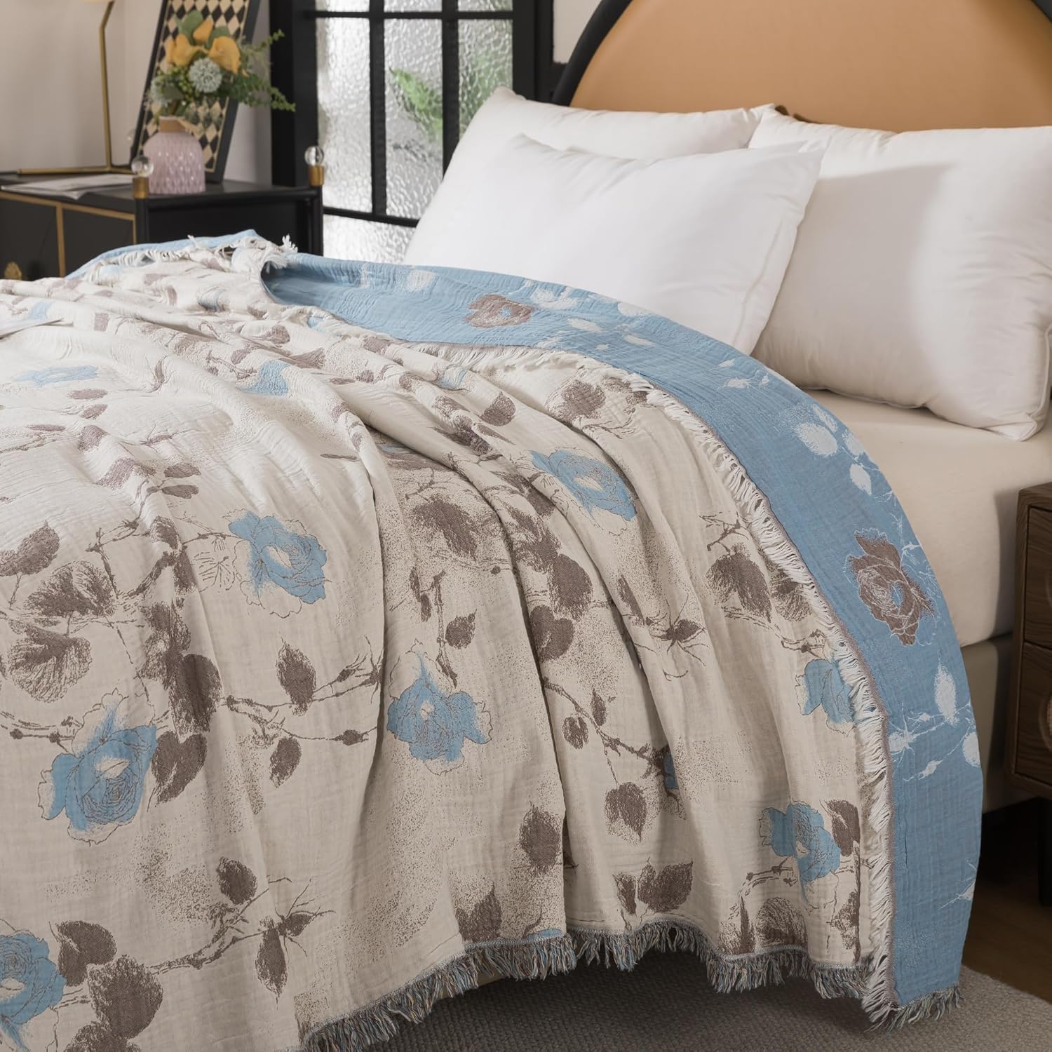 Lemfux 4-Layer 100% Cotton Muslin Cooling Blanket, Boho Floral Gauze Throw with Fringe, Ultra Soft Breathable Lightweight Bedspread Coverlet for Bed Sofa Couch