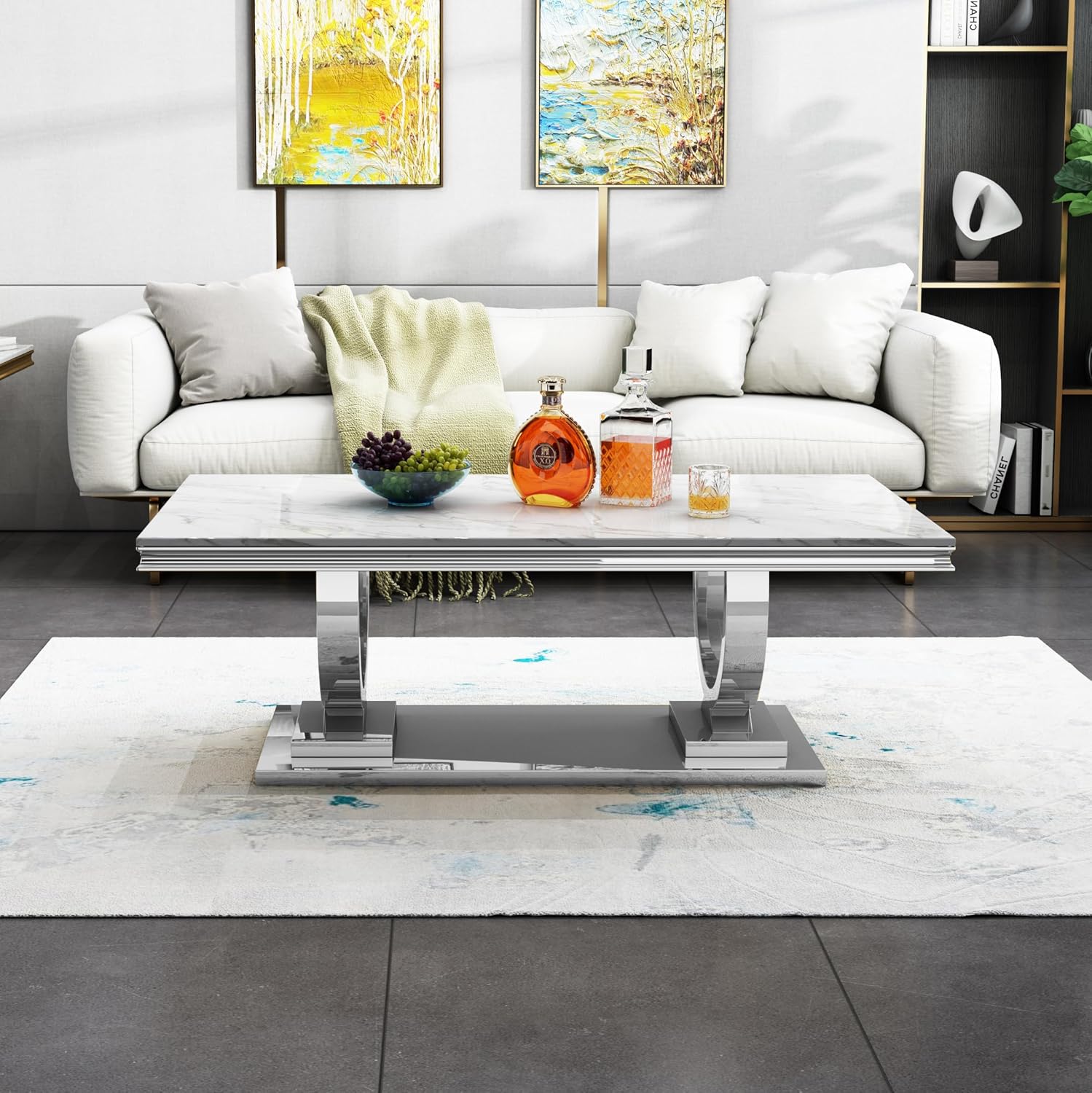 Goujxcy 47"" Rectangular Marble Coffee Table Luxury White Faux Marble Center Table with Silver Double-O Stainless Steel Pedestal Elegant Cocktail Table Sofa Table for Living Room Office